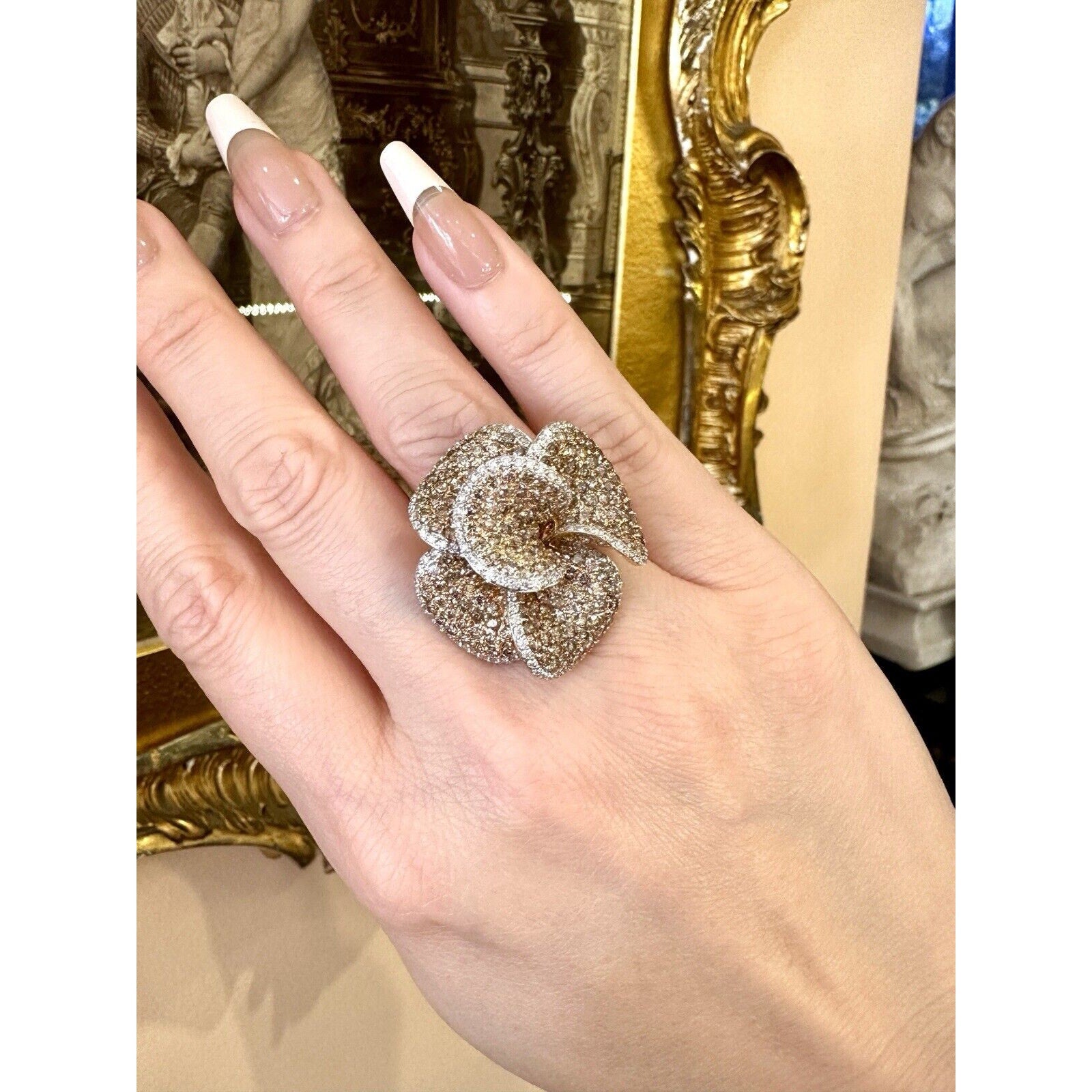 Brown and White Diamond Flower Petal Ring in 18k Rose Gold