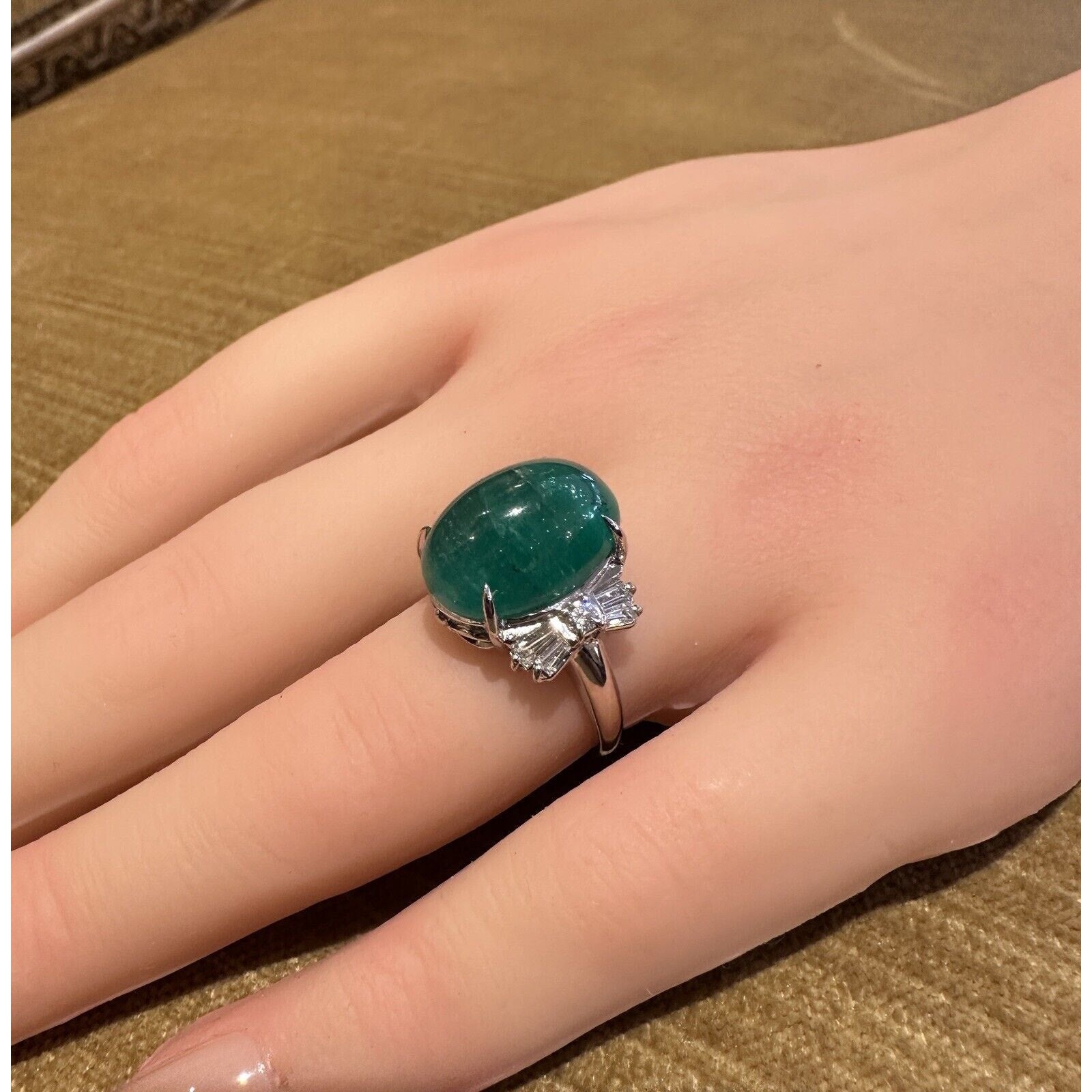 GIA Cabochon Emerald 9.42 ct and Diamond Ring in Platinum