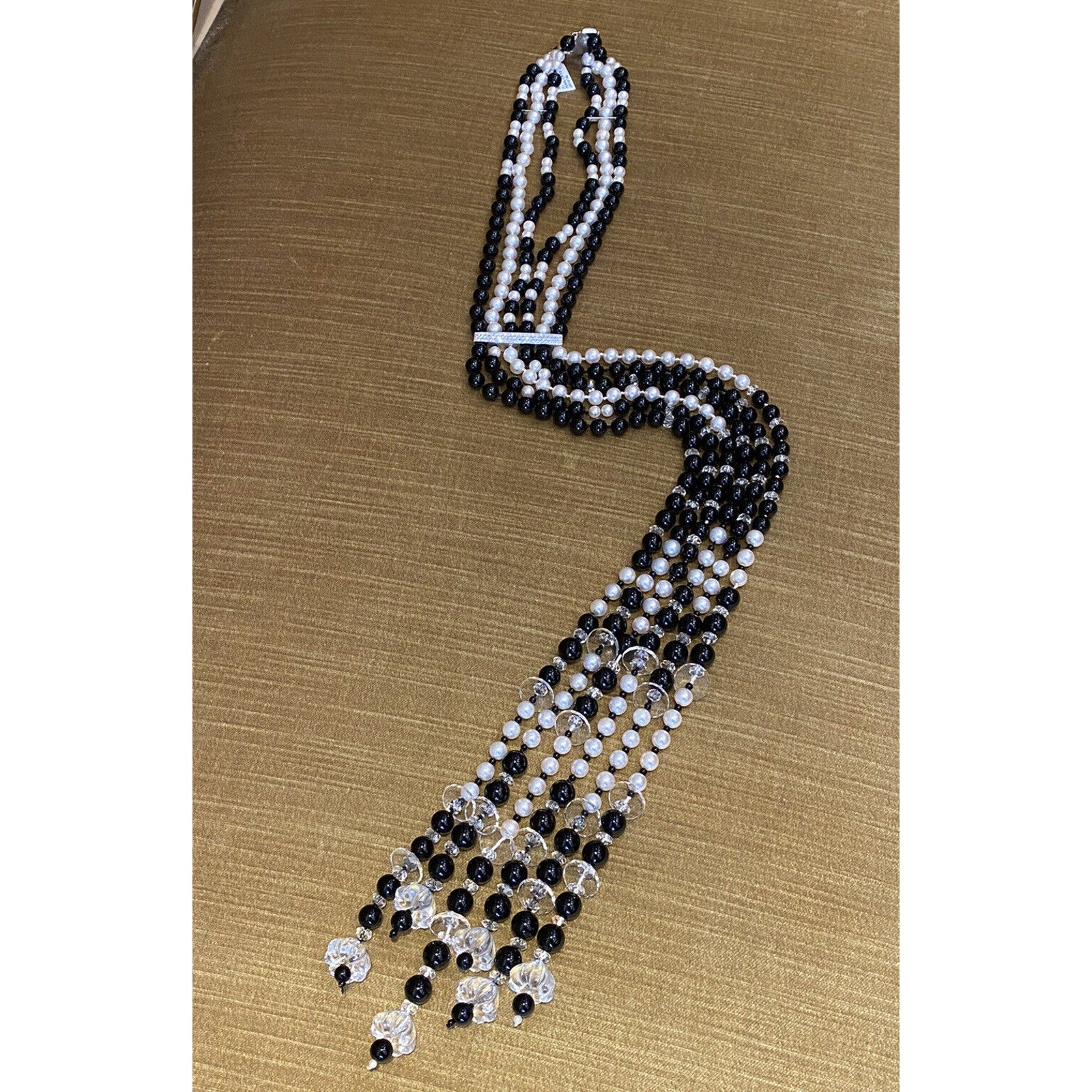 50" Multi-strand Pearl and Onyx Tassel Necklace with 18k White Gold Diamond Bar