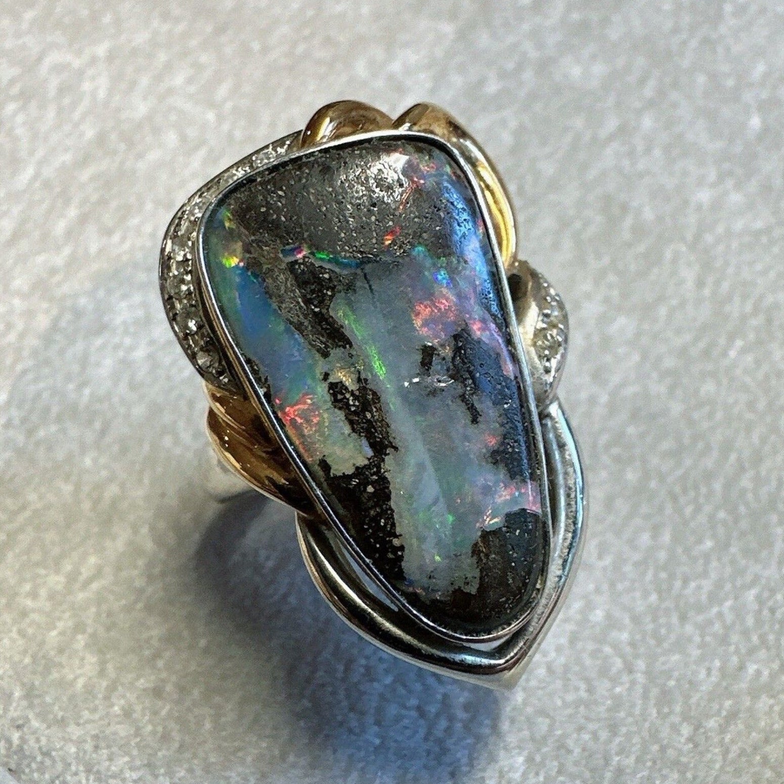 Boulder Opal and Diamond Ring in 18k Yellow Gold and Platinum