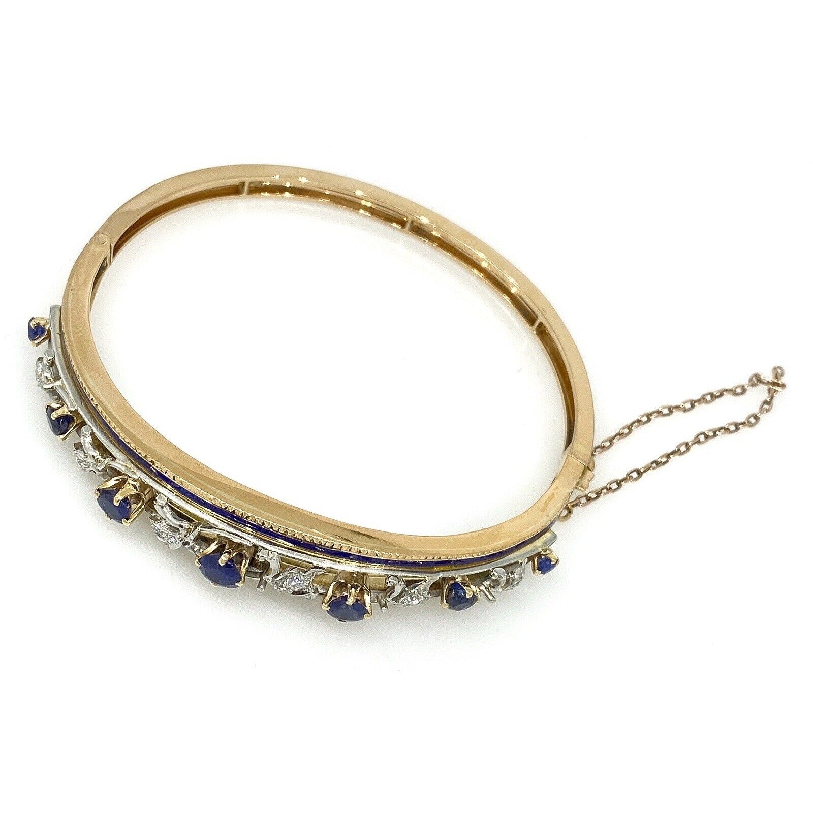 Vintage Diamond, Sapphire and Enamel Bangle Bracelet in 14k Gold