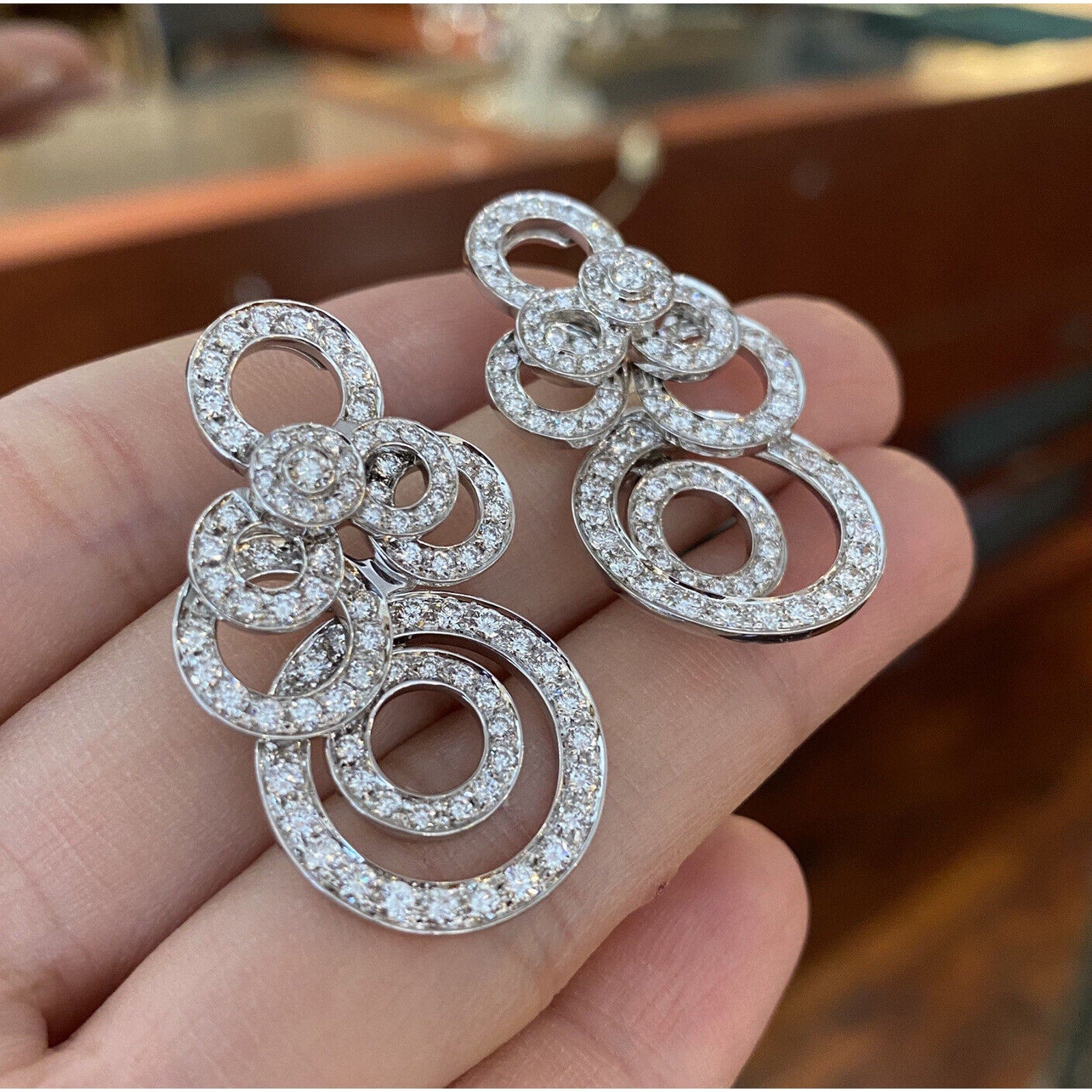 Diamond Circlets Drop Earrings in 18k White Gold