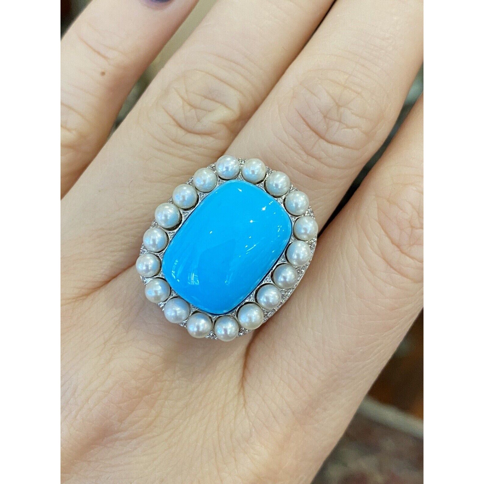 Turquoise, Pearl and Diamond Cocktail Ring in 18k White Gold