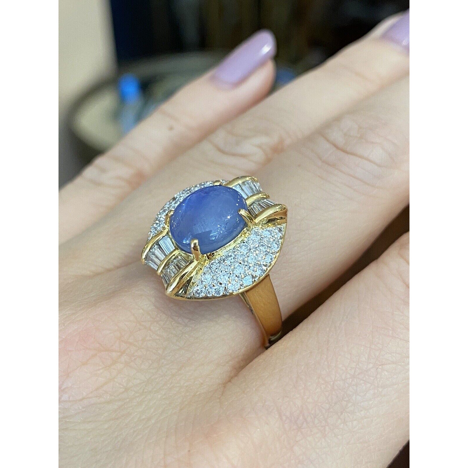 6.24 carat Oval Star Sapphire with Pave Diamonds in 18k Yellow Gold