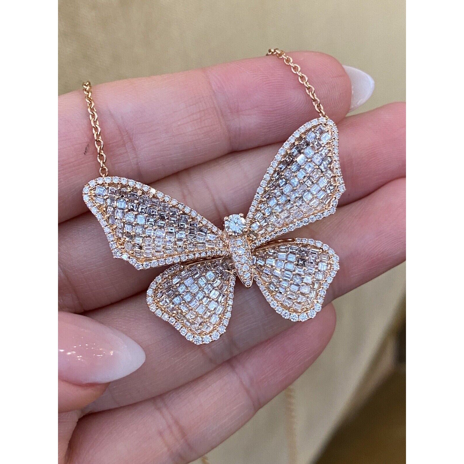 Large Pave Diamond Butterfly Pendant Necklace in 18k Rose Gold -- HM2394BN