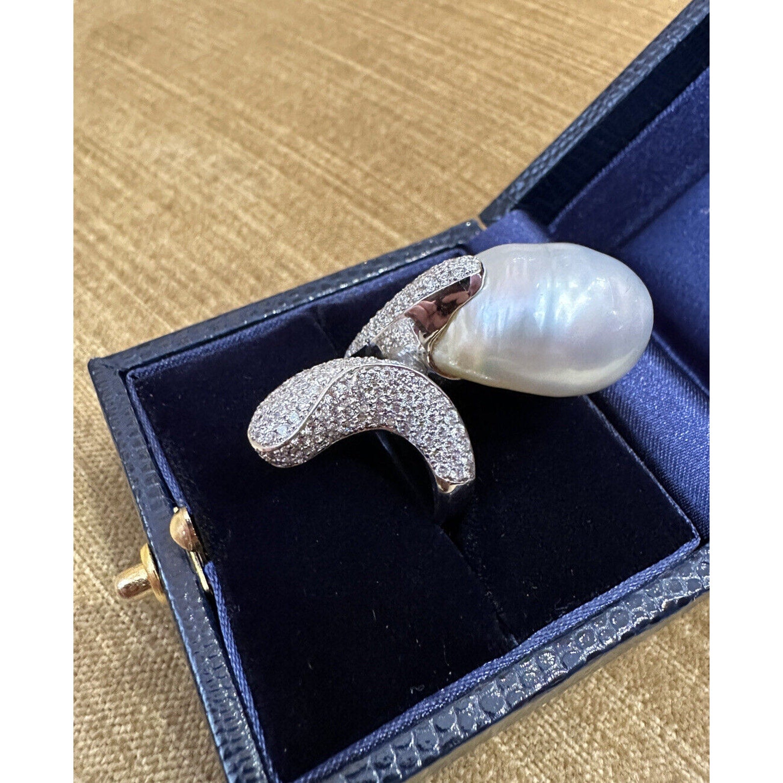 Large Baroque Pearl & Diamond Crossover Cocktail Ring in 18k White Gold