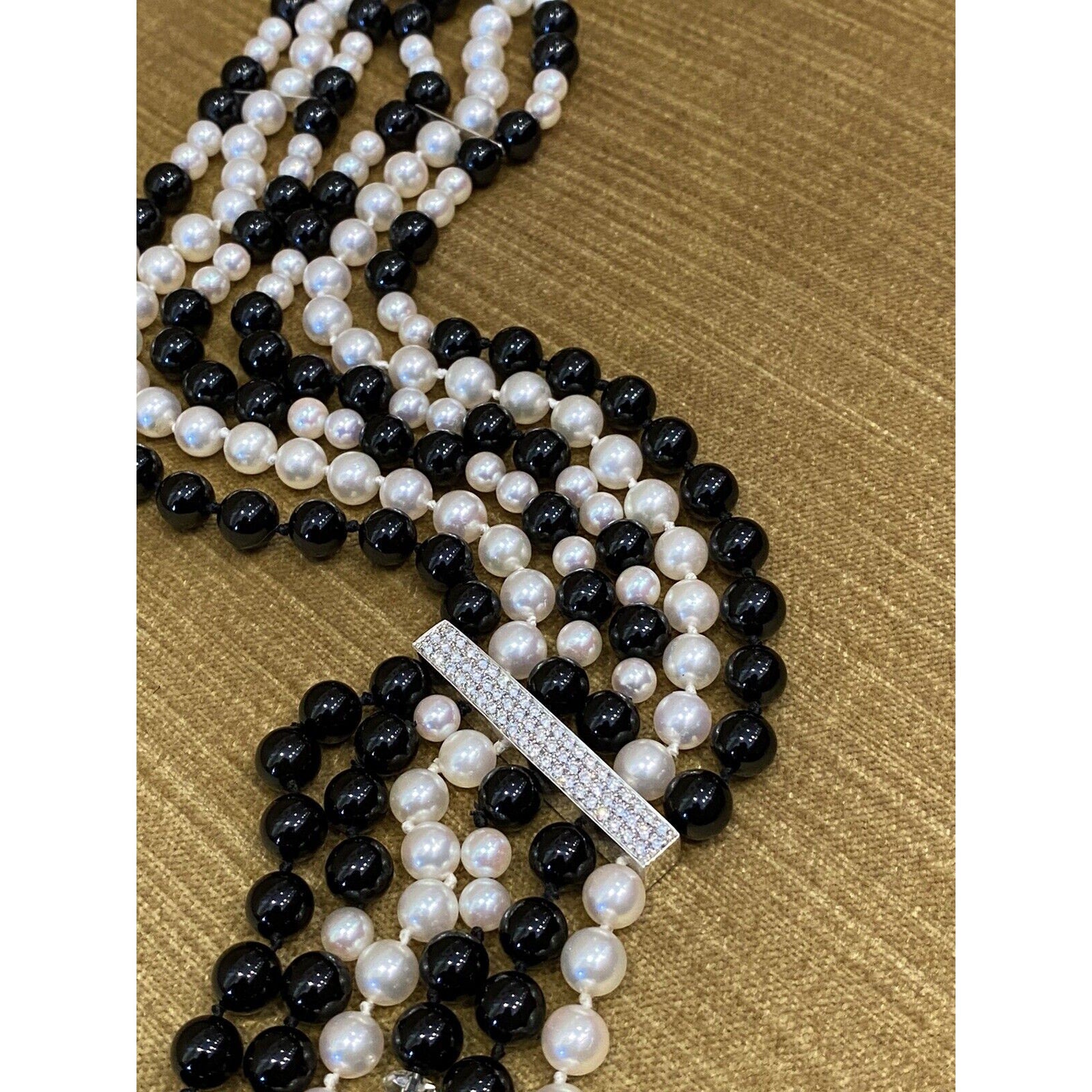 50" Multi-strand Pearl and Onyx Tassel Necklace with 18k White Gold Diamond Bar