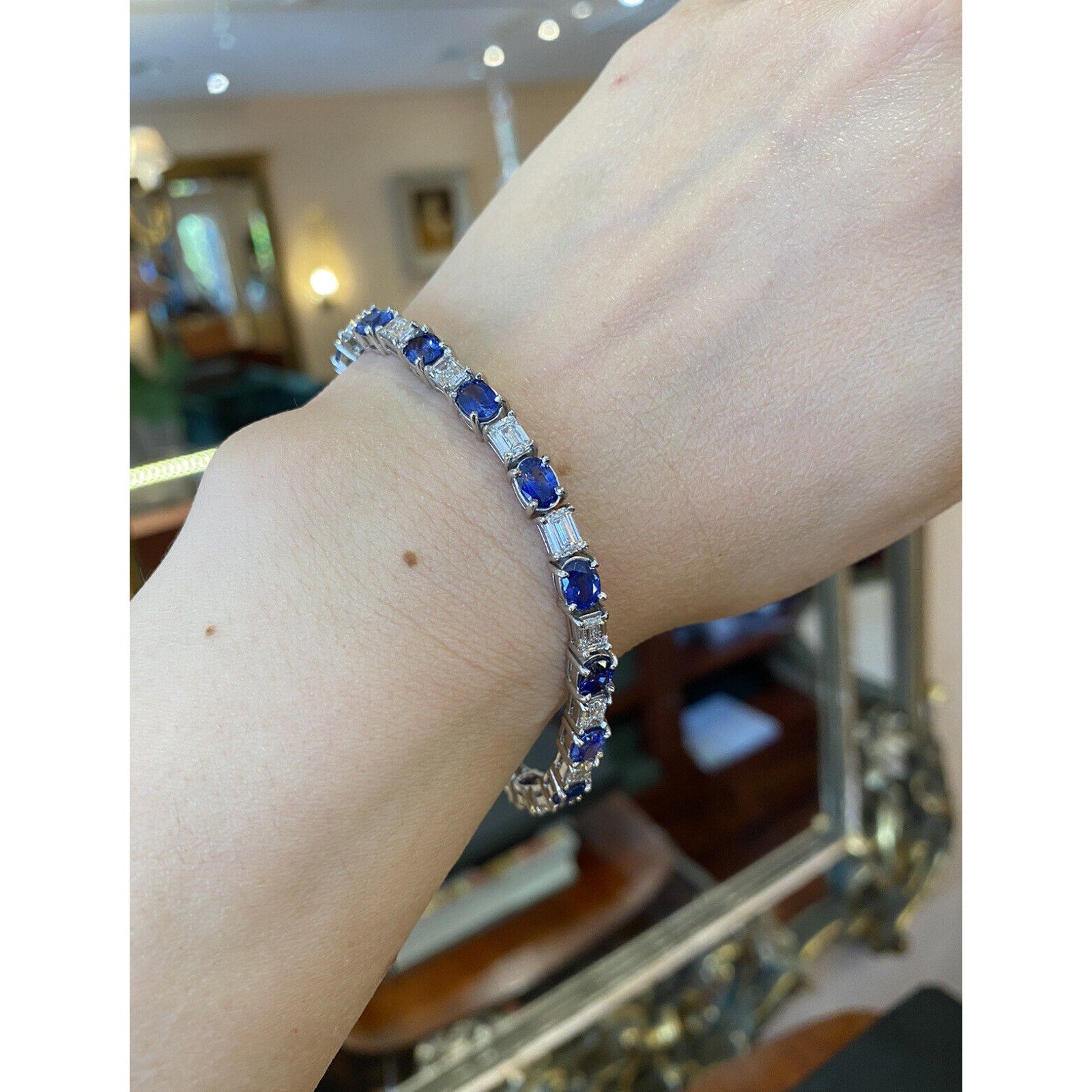 Sapphire and Diamond Line Bracelet in Platinum