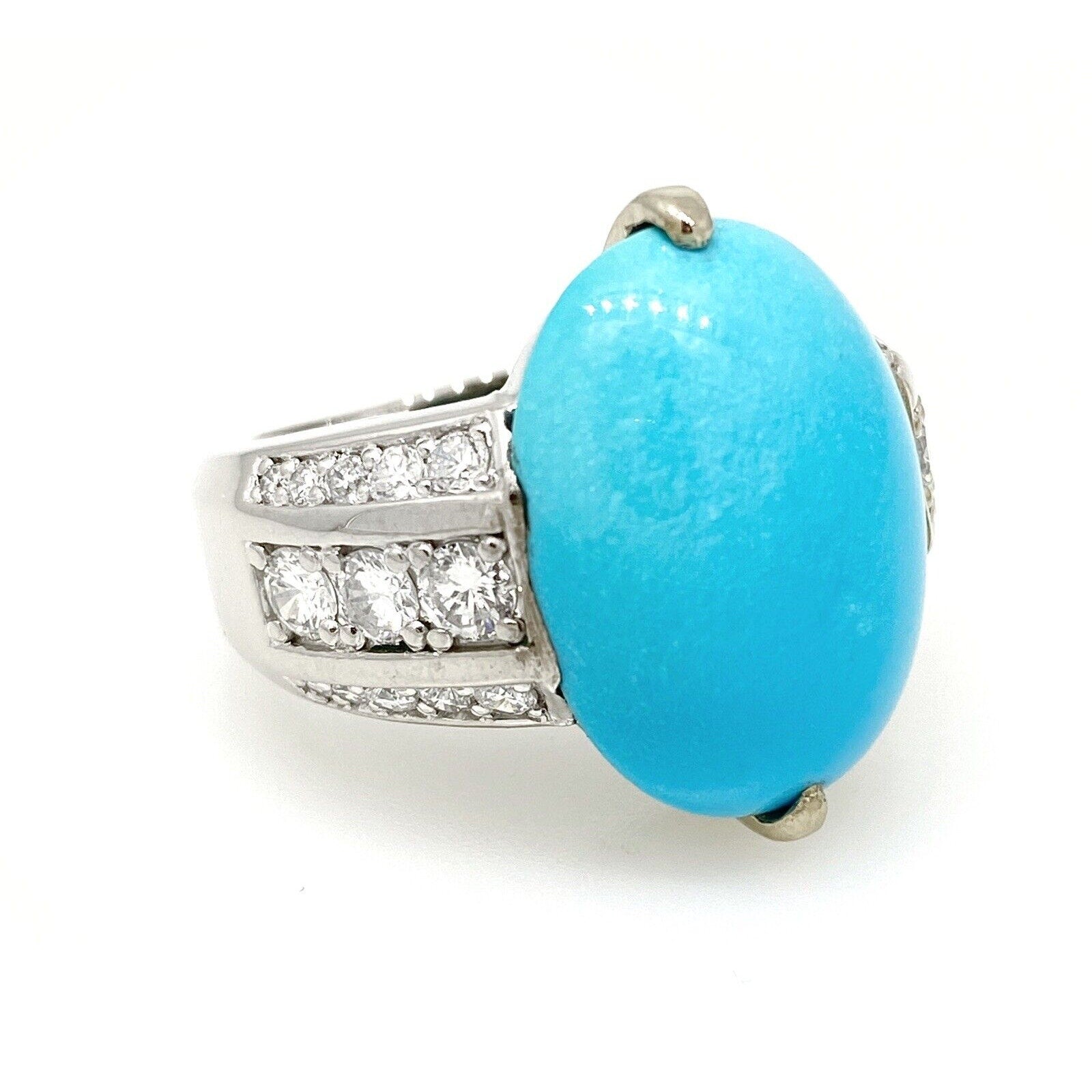 Large Natural Turquoise and Diamond Cocktail Ring in 18k White Gold