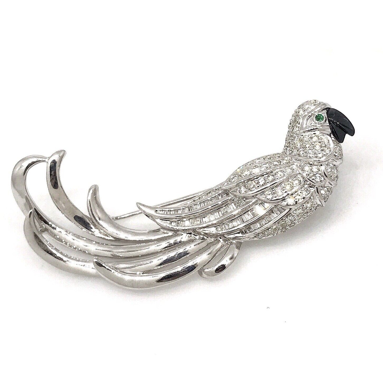 Diamond and Onyx Parrot Pin/Brooch with Emerald Eye in 18k White Gold