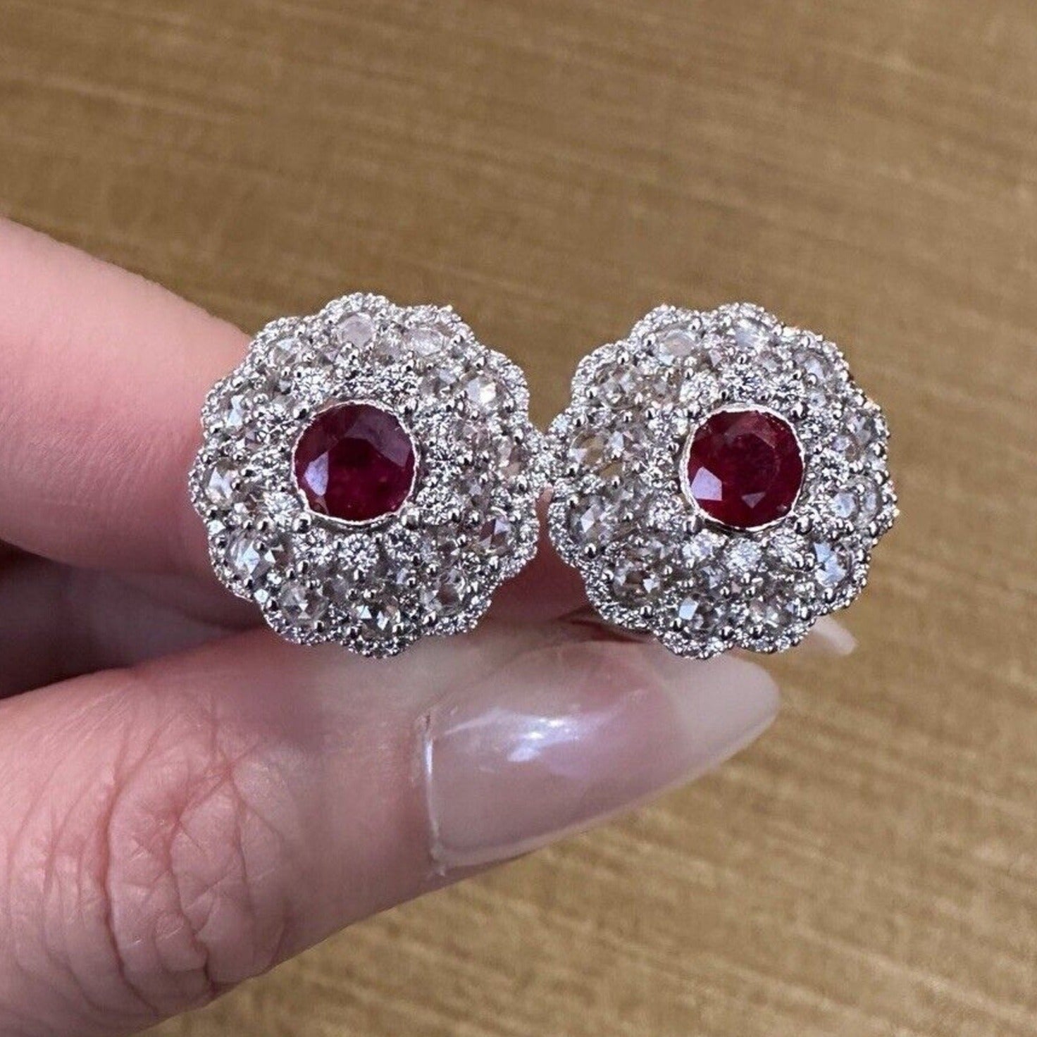 Natural Ruby and Diamond Flower Cluster Earrings in 18k White Gold