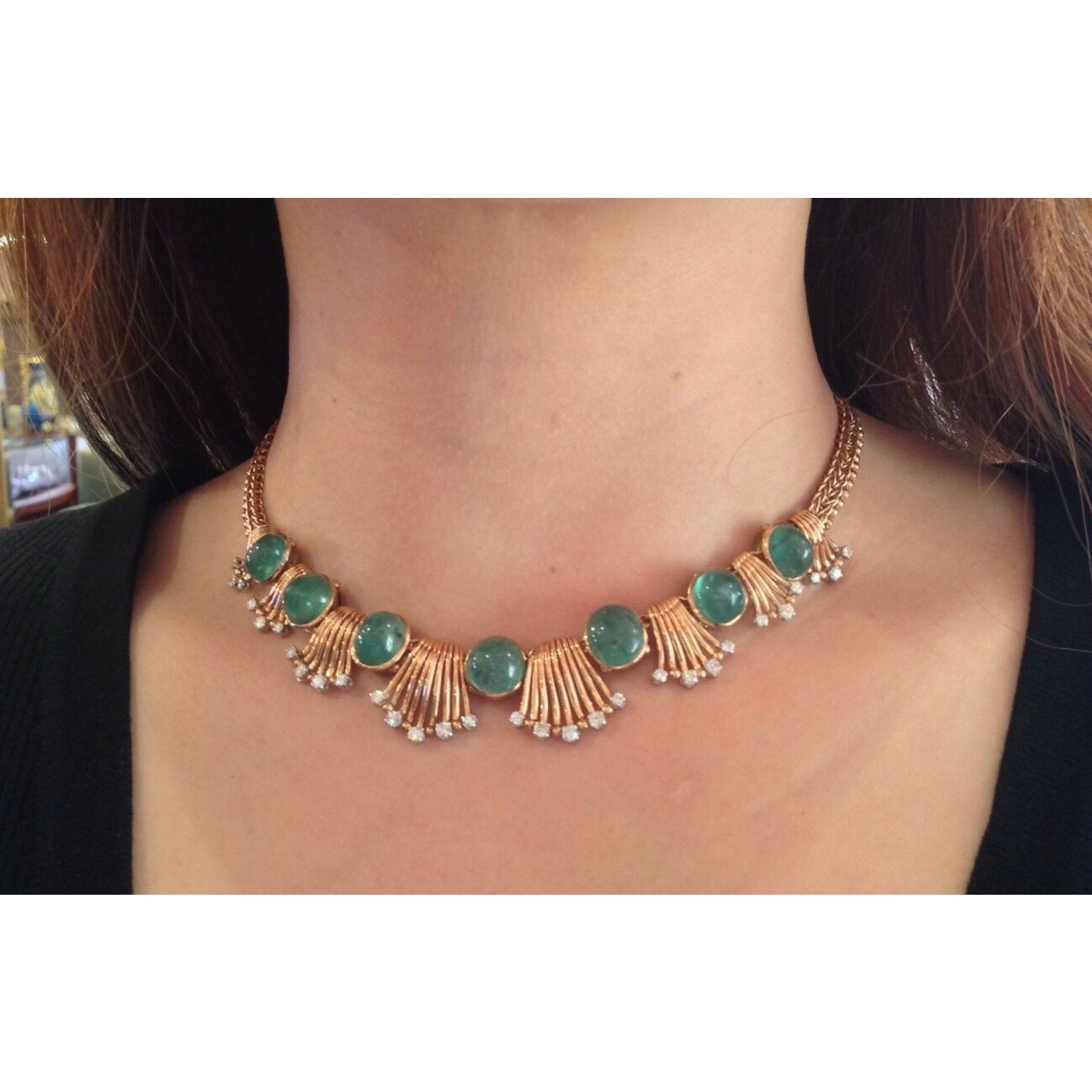 Retro Emerald Cabochon & Diamond Necklace in 18K Rose Gold