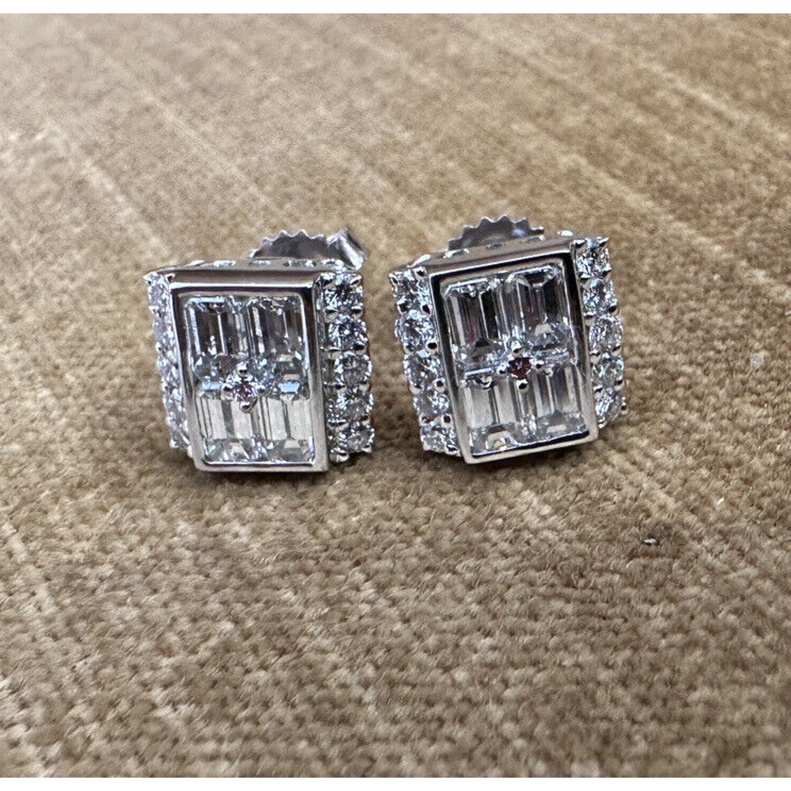 Square Diamond Illusion Earrings with Center Pink Diamond in Platinum- HM2498SI