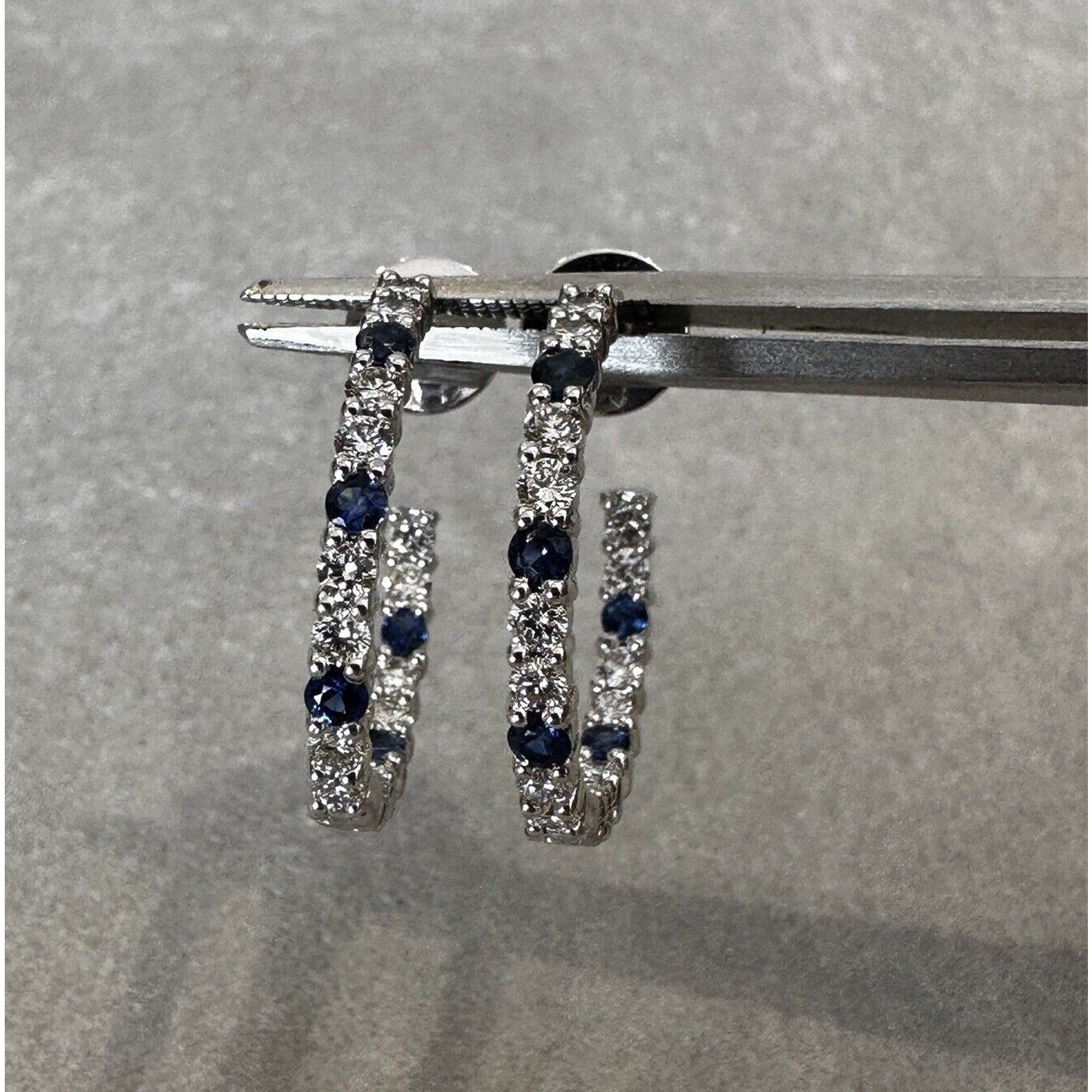 Sapphire and Diamond Single Row Hoop Earring in 18k White Gold