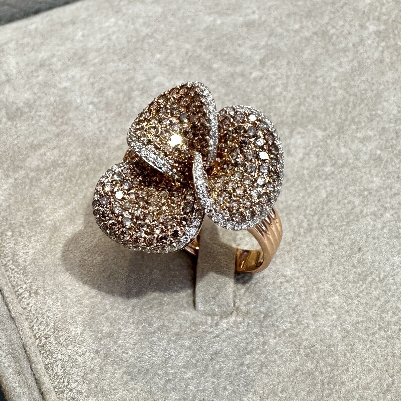 Brown and White Diamond Flower Petal Ring in 18k Rose Gold