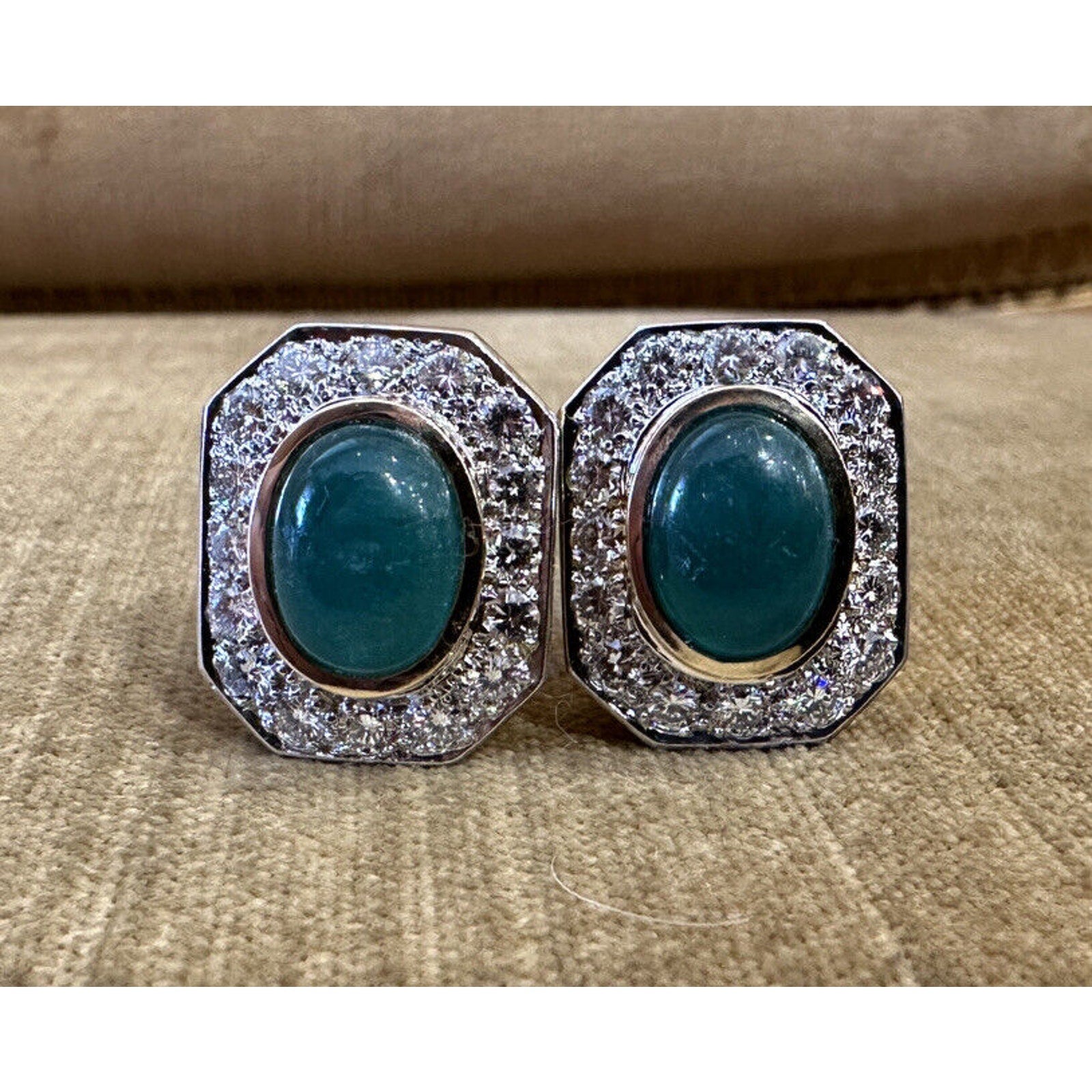 Emerald Cabochon & Diamond Statement Earrings in 18k Yellow Gold