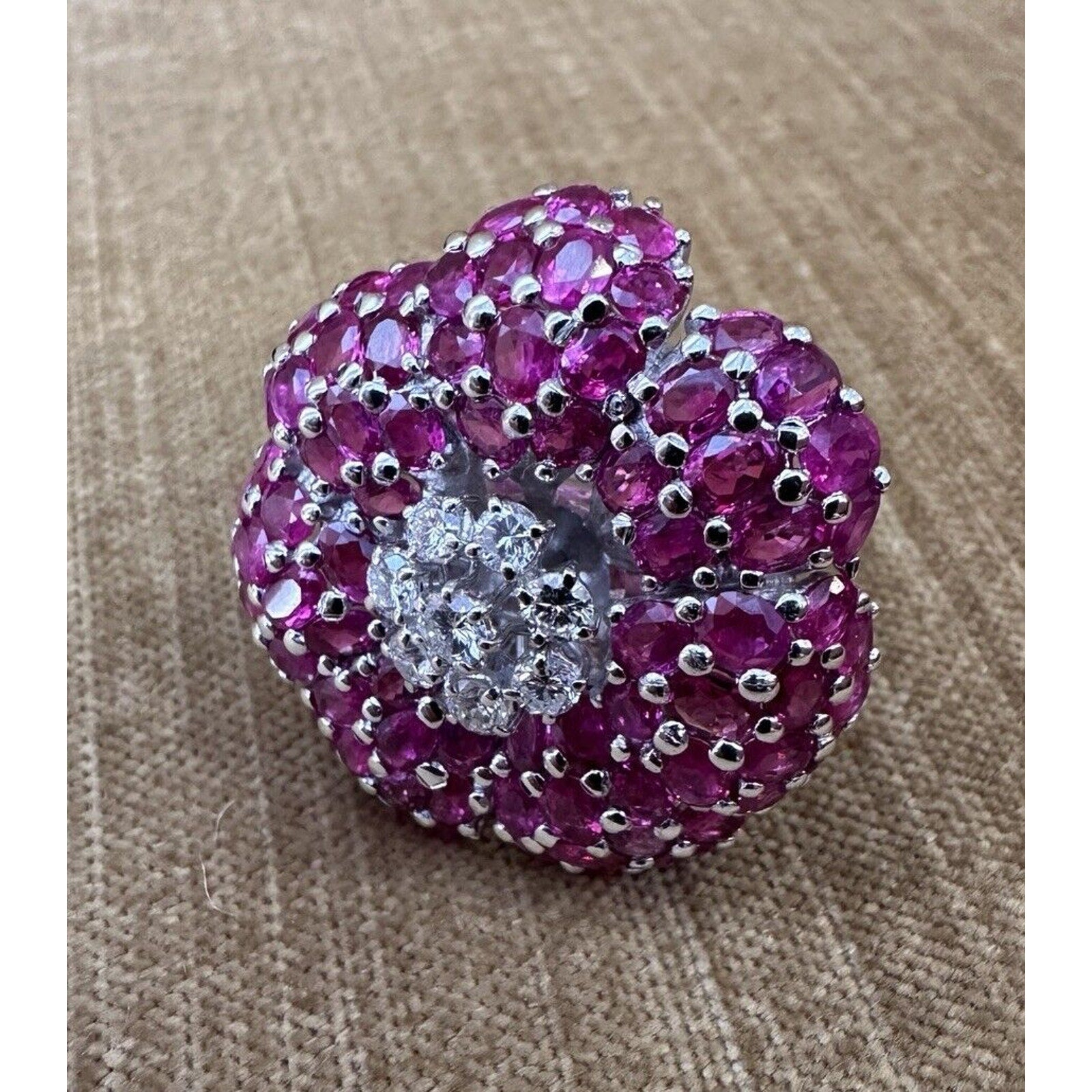 Large Ruby and Diamond Flower Cocktail Ring in 18k White Gold