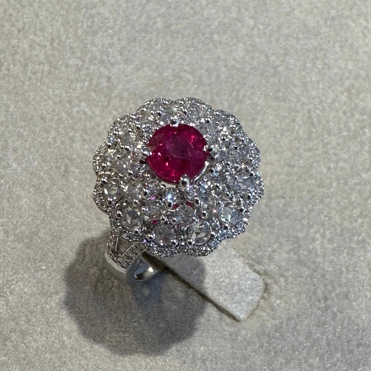 Natural Ruby and Diamond Flower Cluster Ring in 18k White Gold