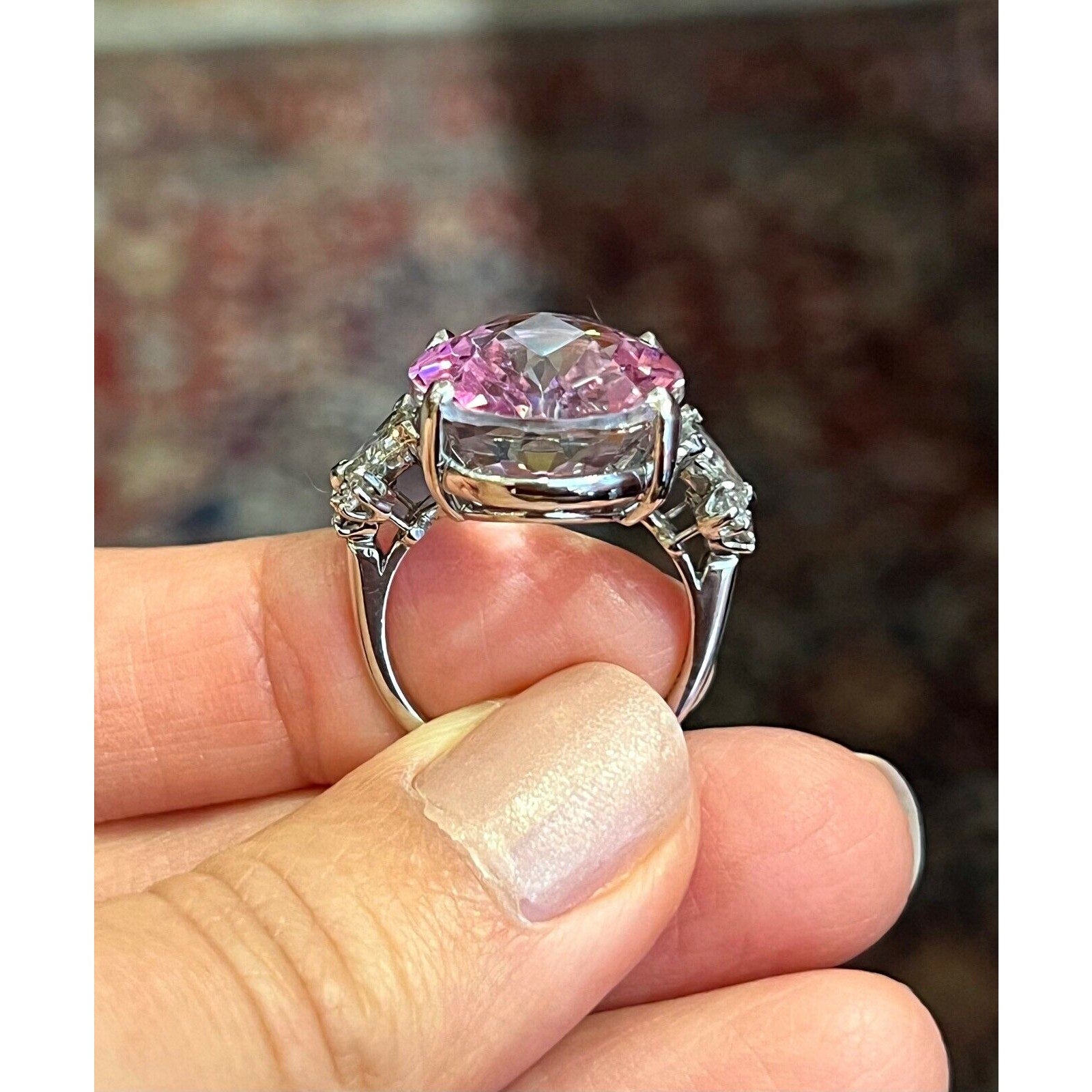 Large Oval Kunzite and Diamond Cocktail Ring in Platinum -- HM2294SE