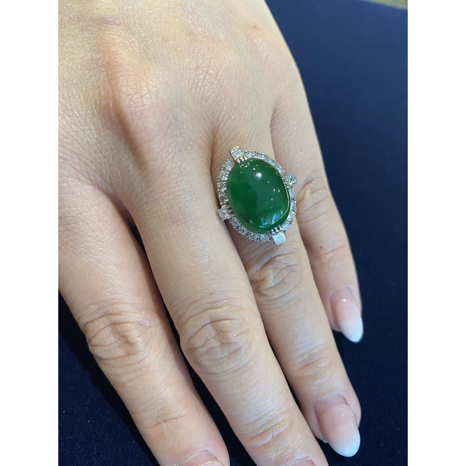 GIA Untreated Jade Oval Cabochon and Diamond Vintage Platinum Ring - HM2258AE