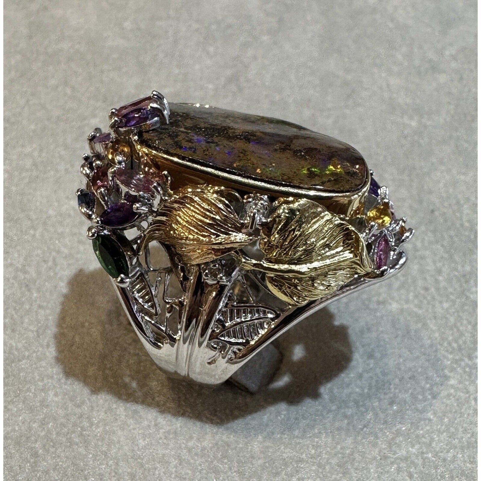 Natural Boulder Opal and Mixed Gem Ring in Platinum and 18k Gold