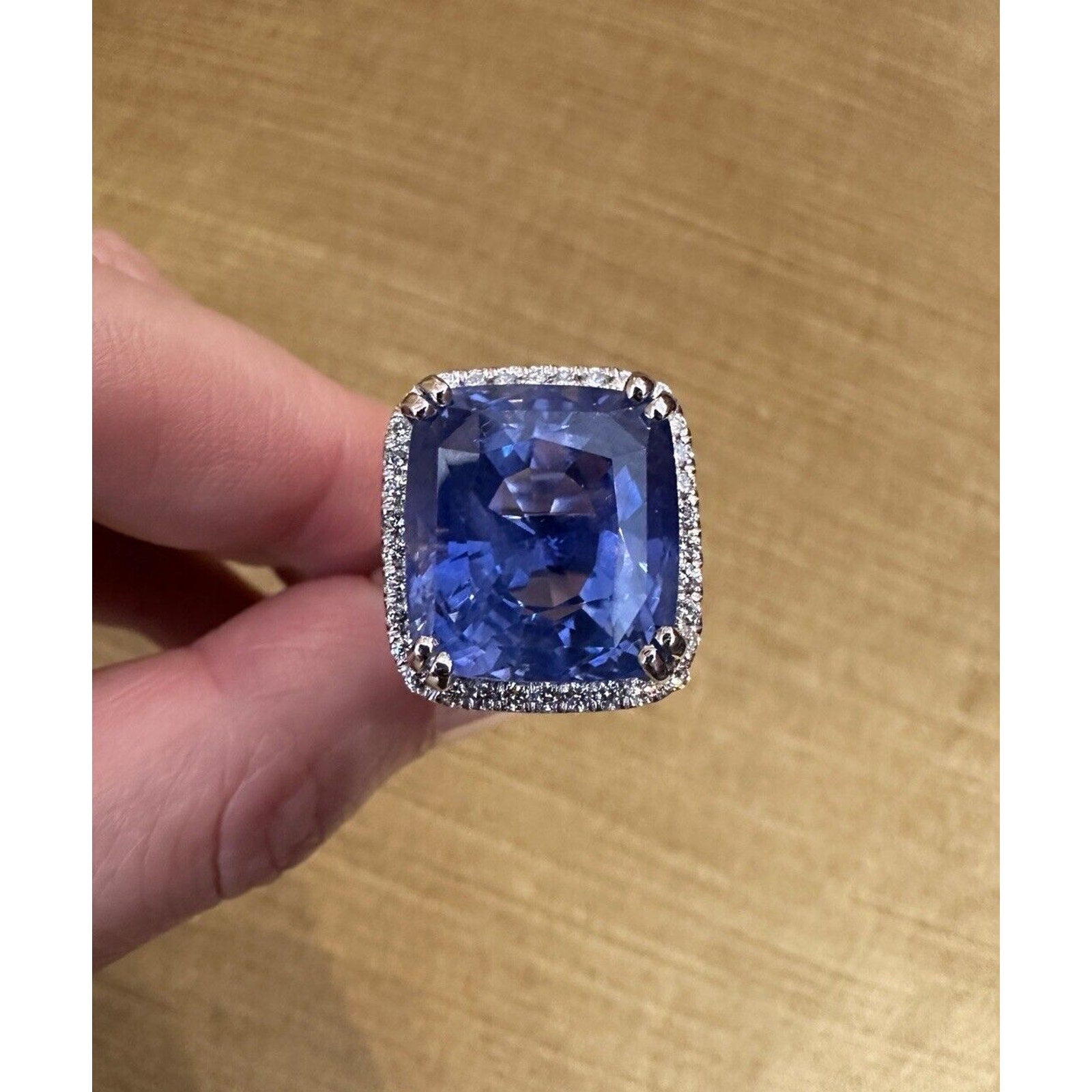 GIA 26.75cts Unheated Ceylon Sapphire in Diamond Halo Platinum Ring- C300ZR