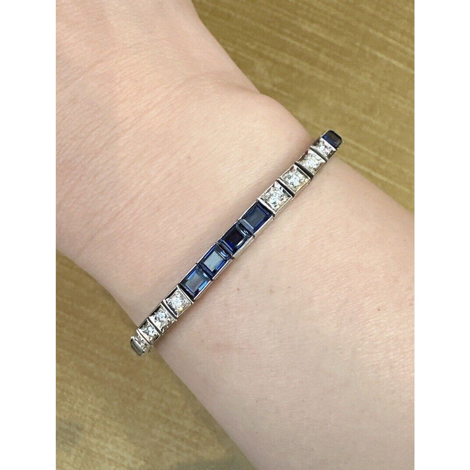 Vintage Diamond and Synthetic Sapphire Line Bracelet in 14k White Gold