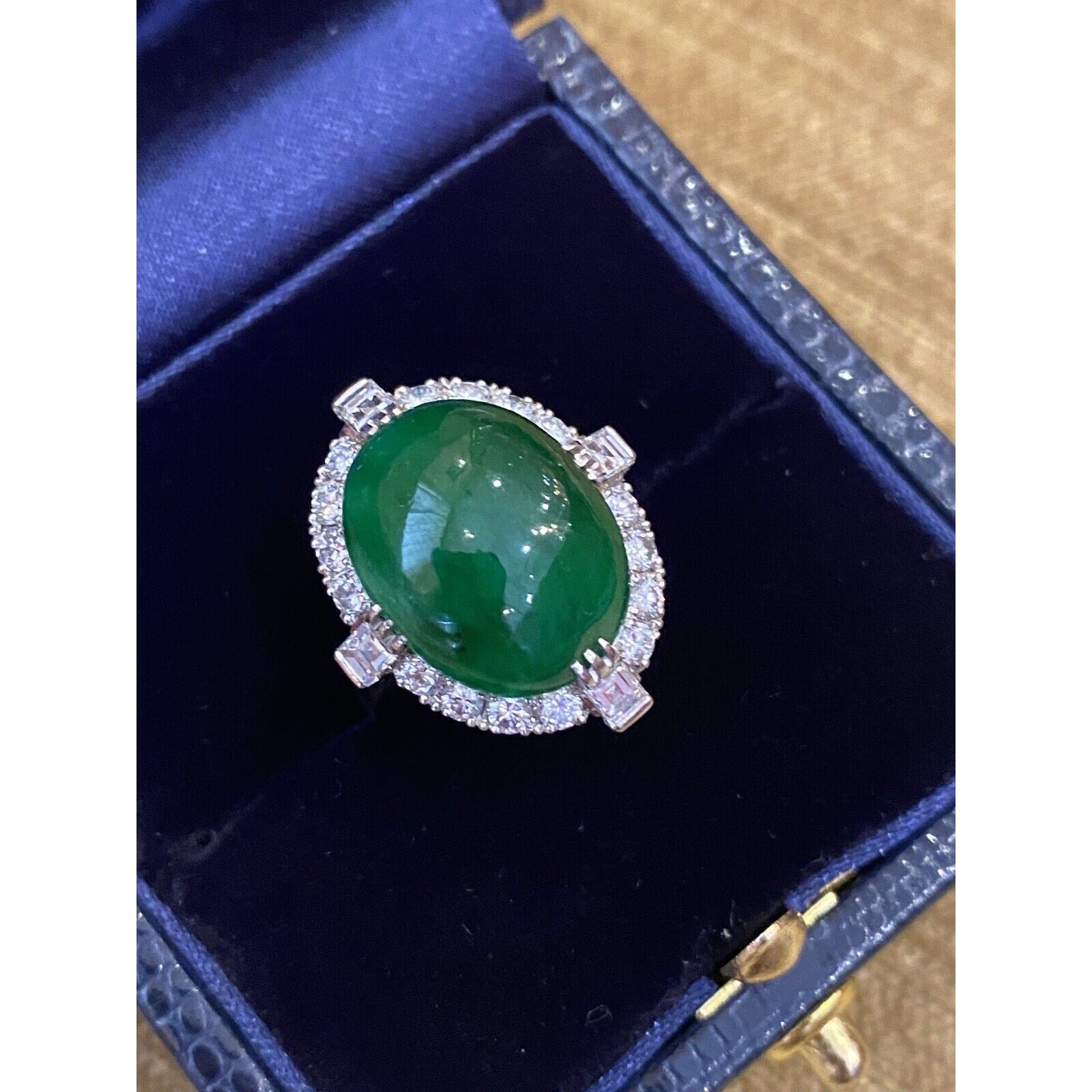 GIA Untreated Jade Oval Cabochon and Diamond Vintage Platinum Ring - HM2258AE