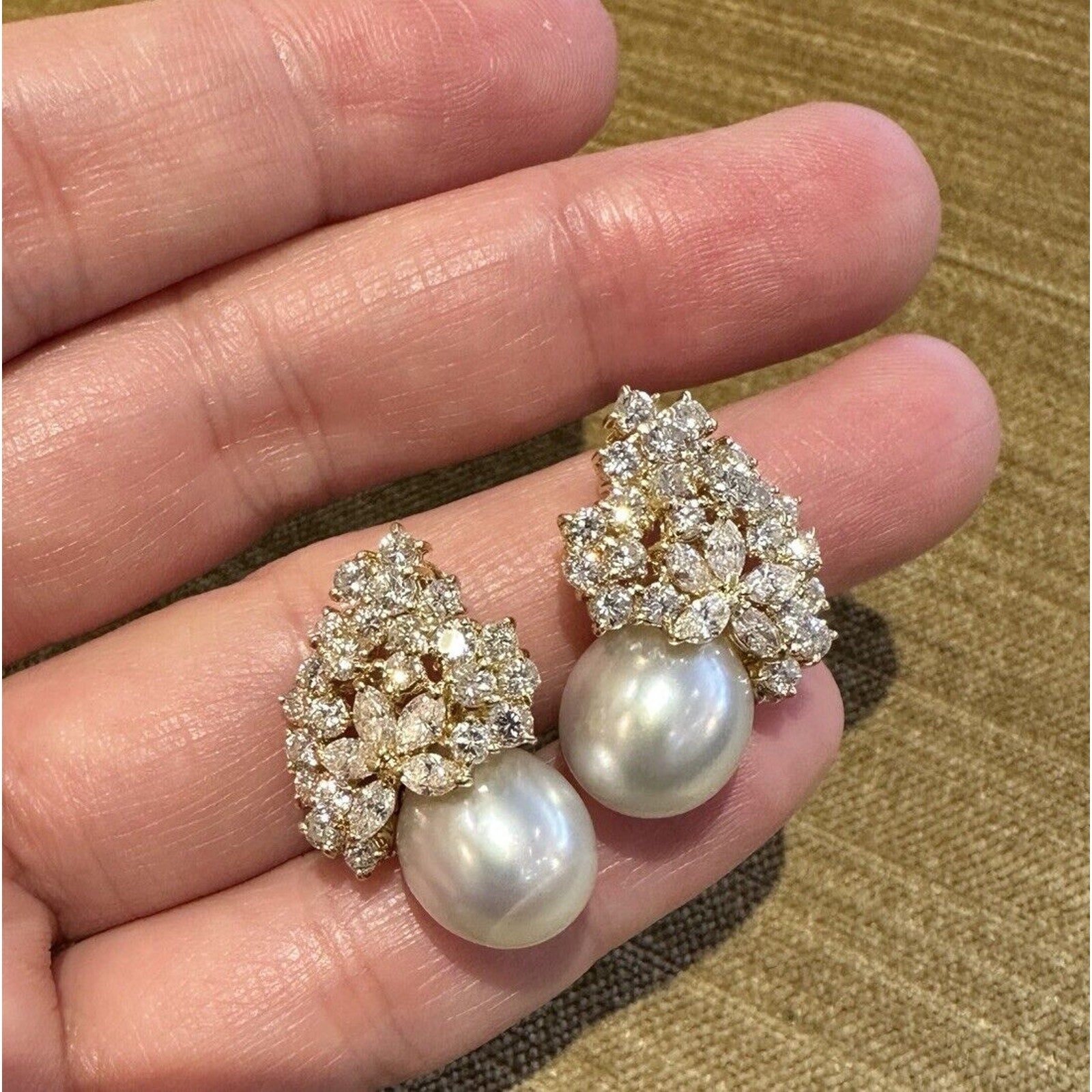 Estate Pearl and Diamond Drop Earrings in 18k Yellow Gold