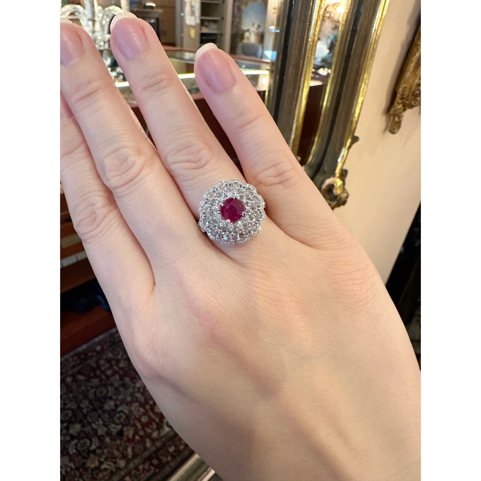 Natural Ruby and Diamond Flower Cluster Ring in 18k White Gold