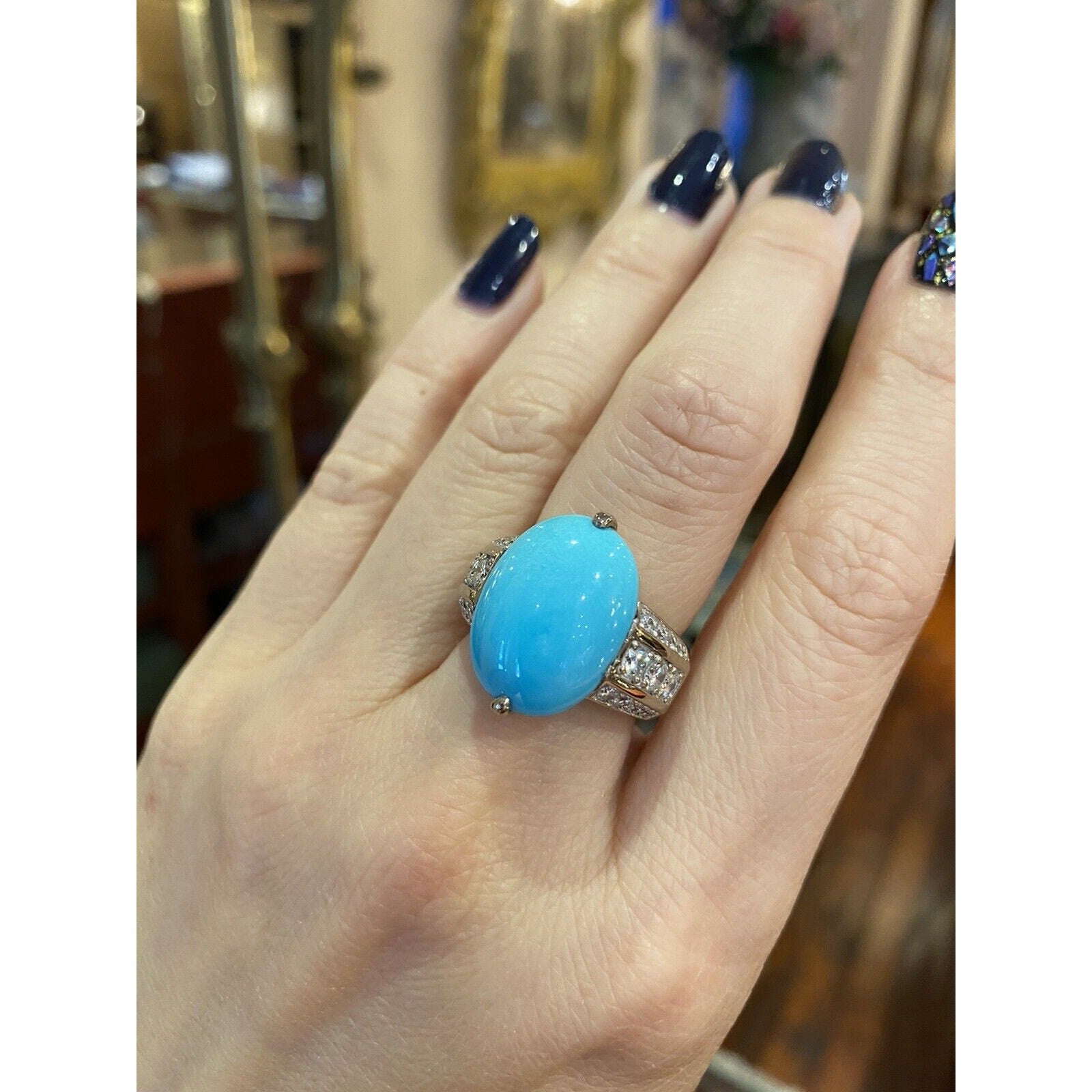 Large Natural Turquoise and Diamond Cocktail Ring in 18k White Gold