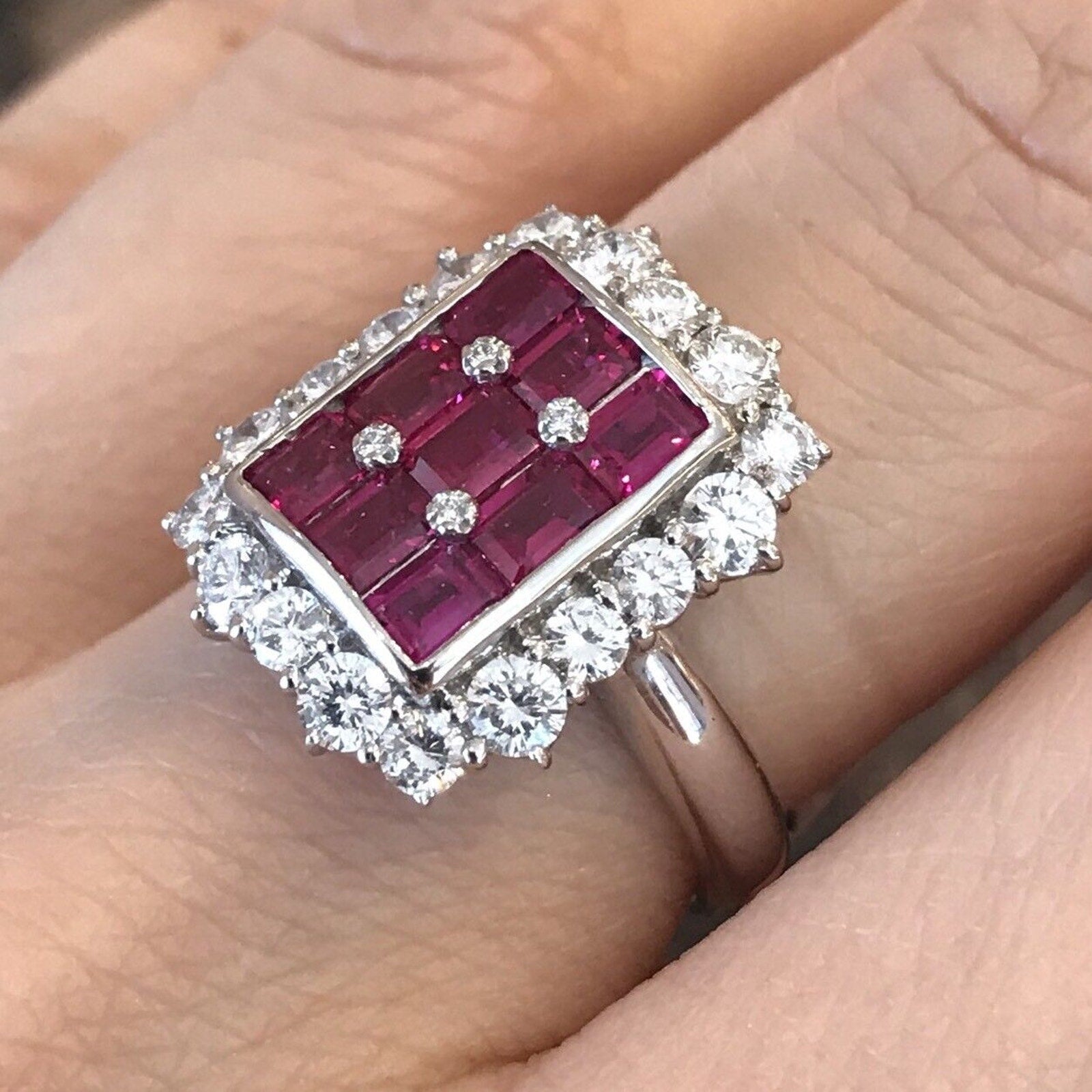 3.21 carats Ruby Baguette and Round Diamond Ring in Platinum