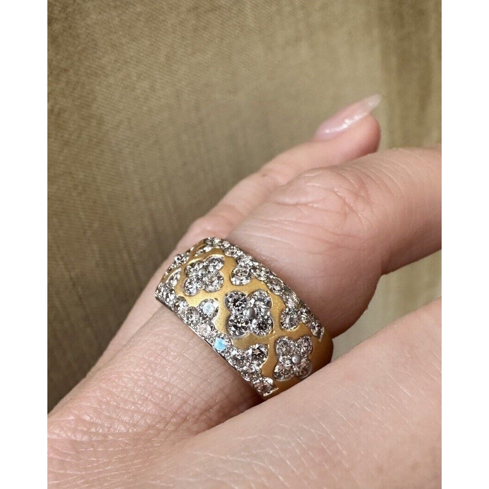 Wide Diamond Cigar Band Ring -Clover Design- insd 18k Yellow Gold