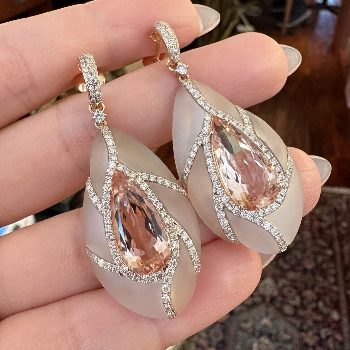 Morganite, Diamond & Rock Crystal Drop Earrings in 18k Rose Gold