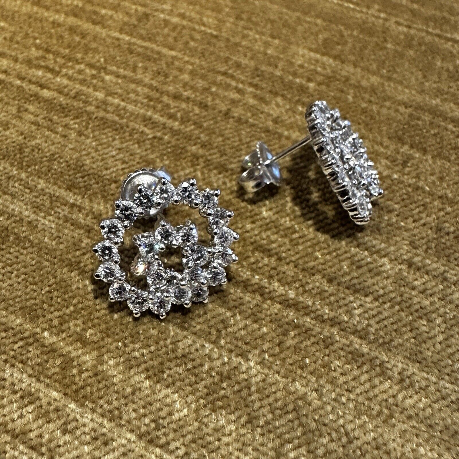 Round Diamond Swirl Button Earrings 2.50 cttw in 18k White Gold