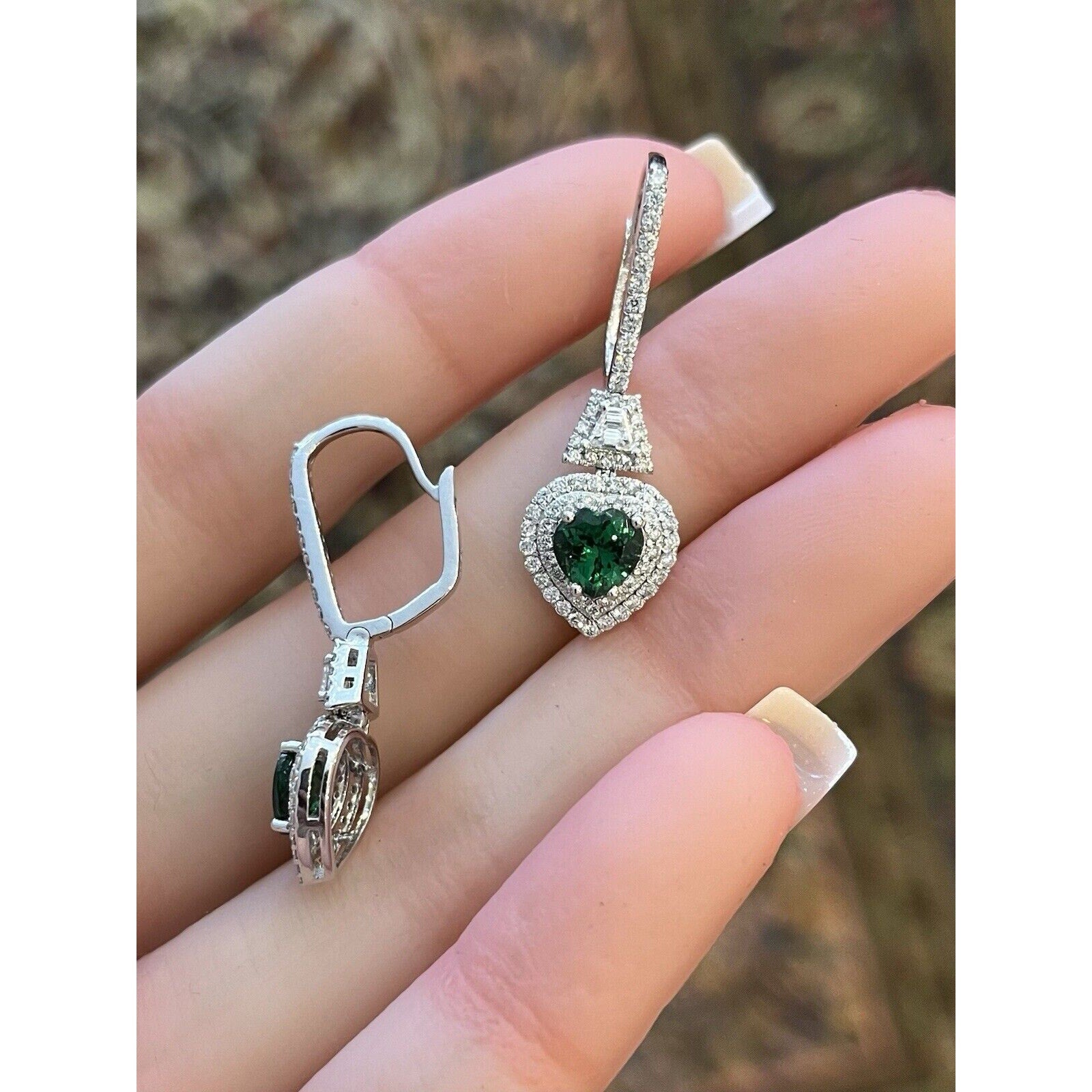 Tsavorite Garnet Hearts and Diamond Drop Earrings in 18k White Gold