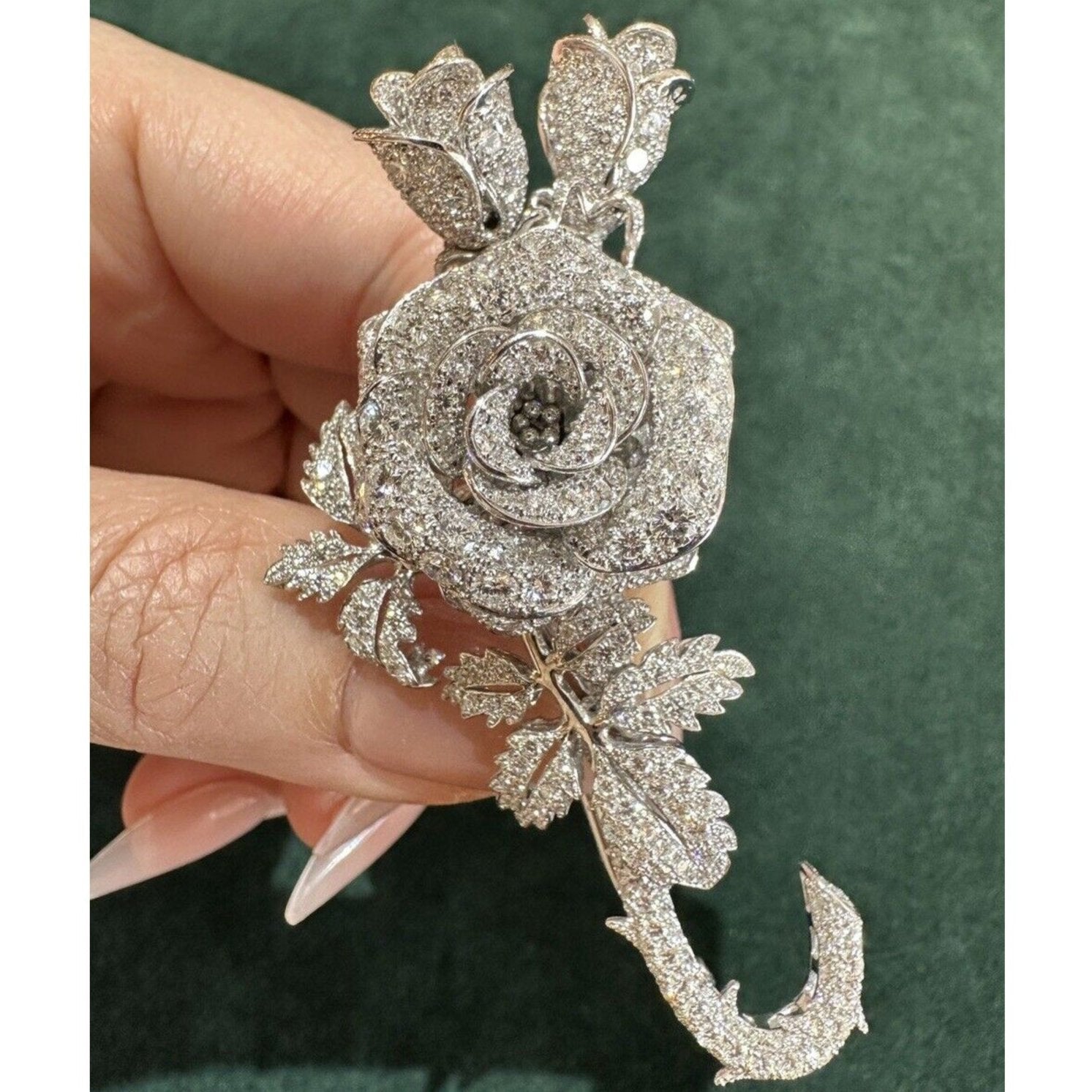 Large Pave Diamond Rose Pin/Brooch 11.22 cttw in Platinum