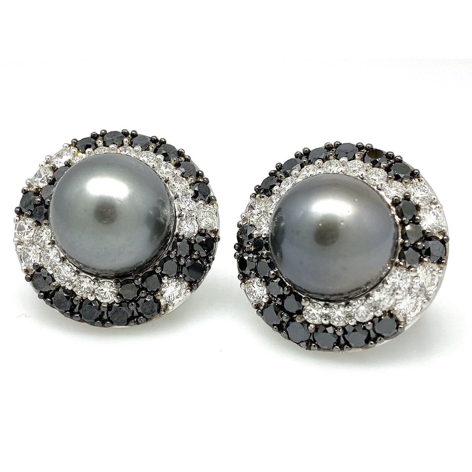 Tahitian Black Pearl Earrings w/ Black & White Diamonds in 18k White Gold