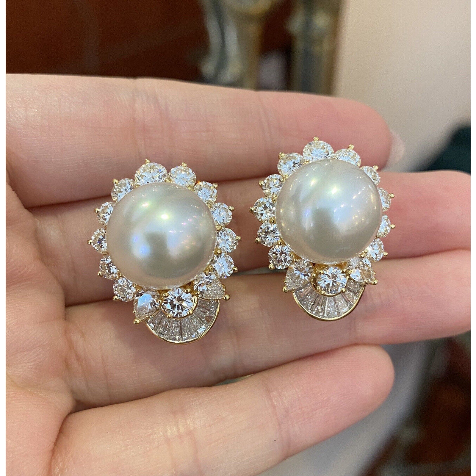 Large White South Sea Pearl and Diamond Earrings in 18k Yellow Gold