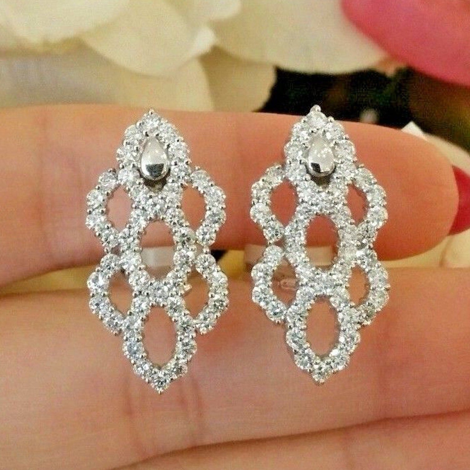 2.56 carat Diamond Earrings Honeycomb Design in 18k White Gold