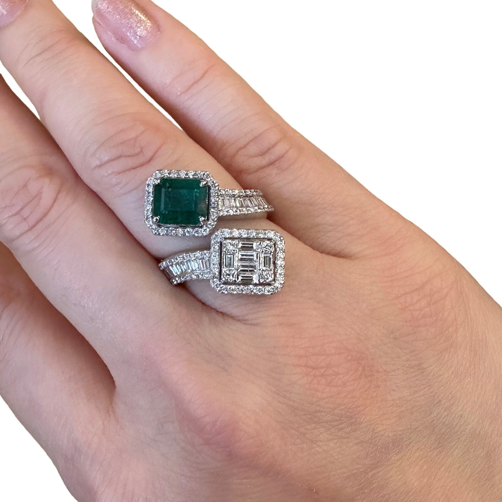 Emerald and Diamond Crossover Ring in 18k White Gold (HM2489AE)