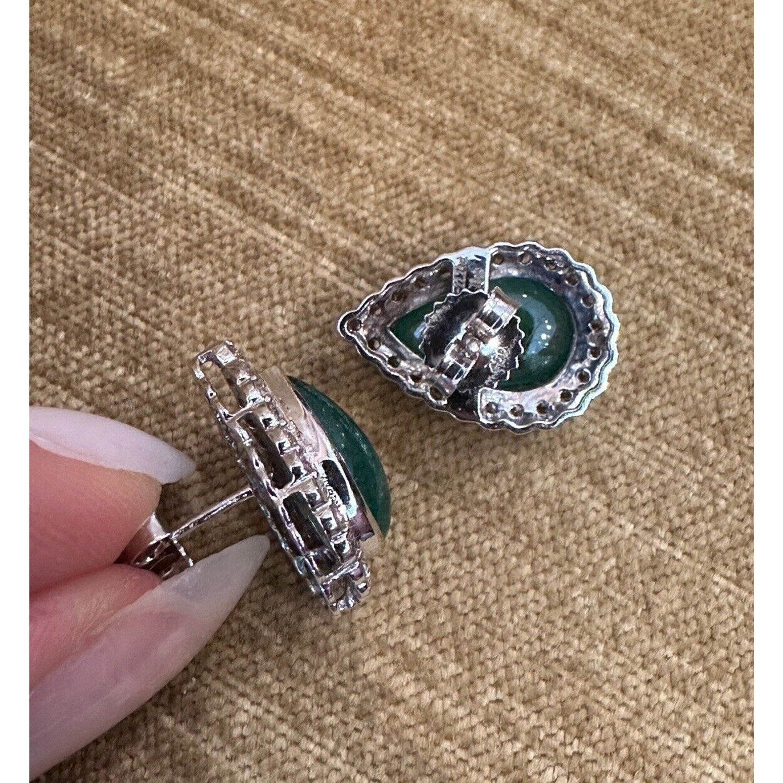 Emerald Cabochon Earrings with Diamonds in 18k White Gold