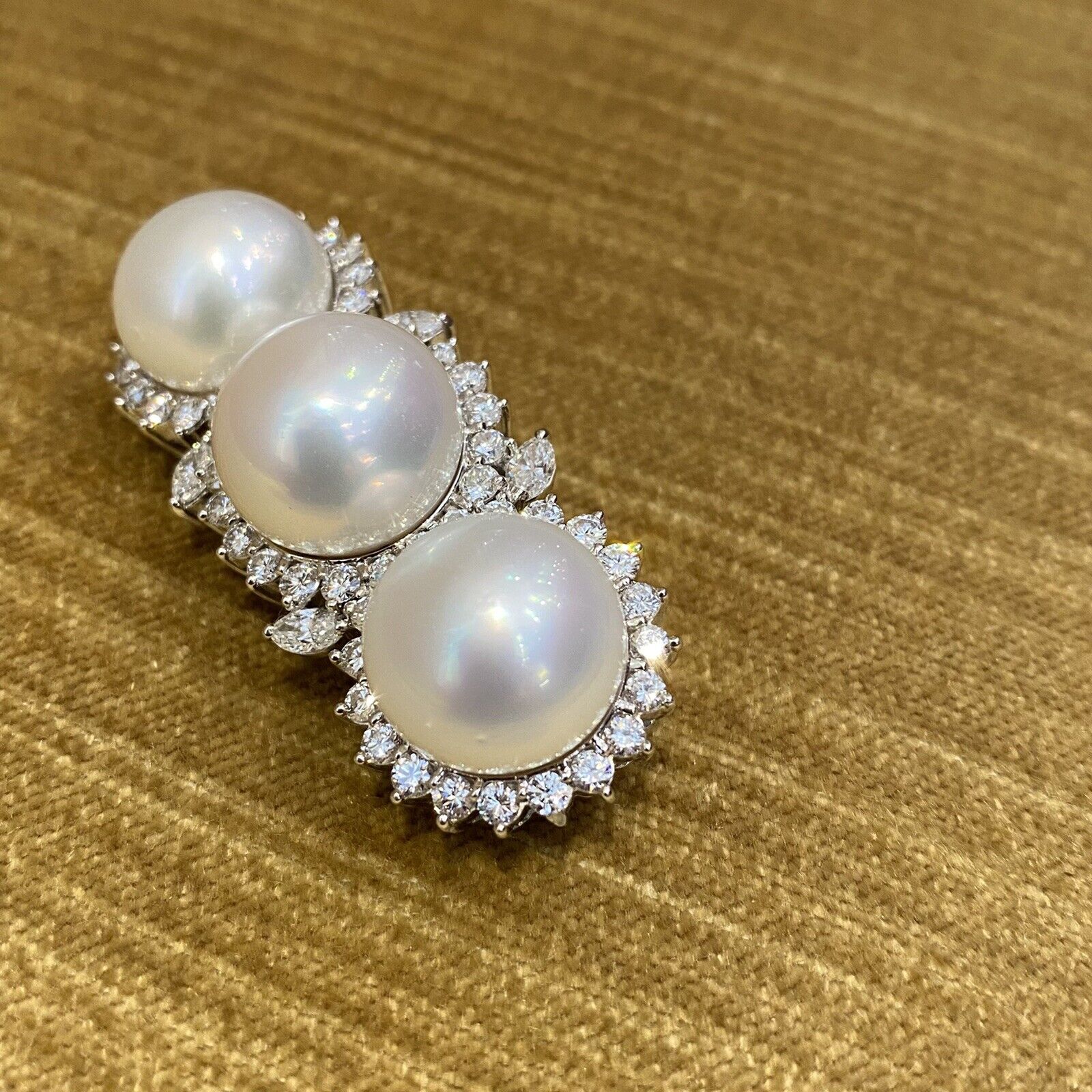 South Sea Pearl and Diamond Bar Brooch Pin in Platinum