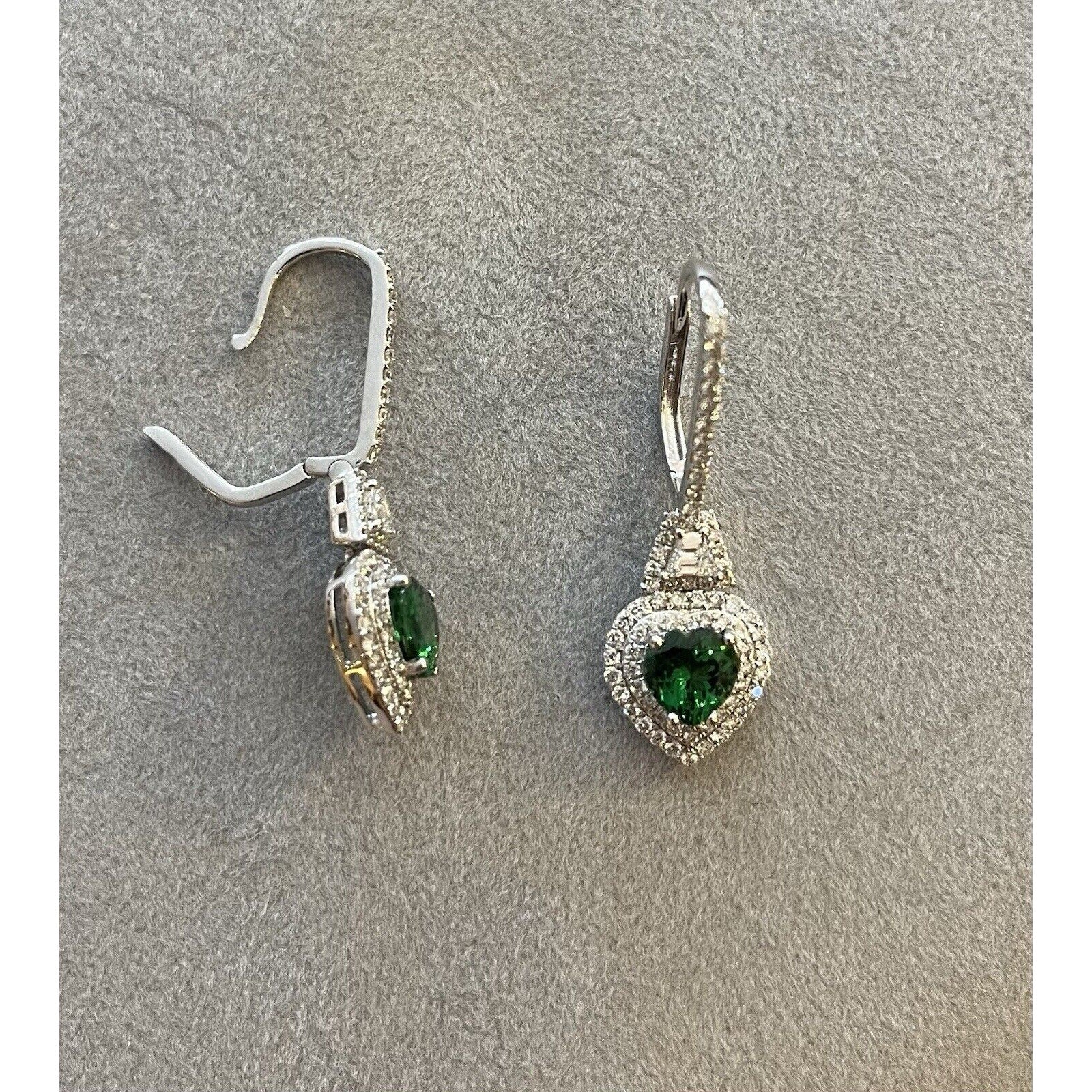 Tsavorite Garnet Hearts and Diamond Drop Earrings in 18k White Gold