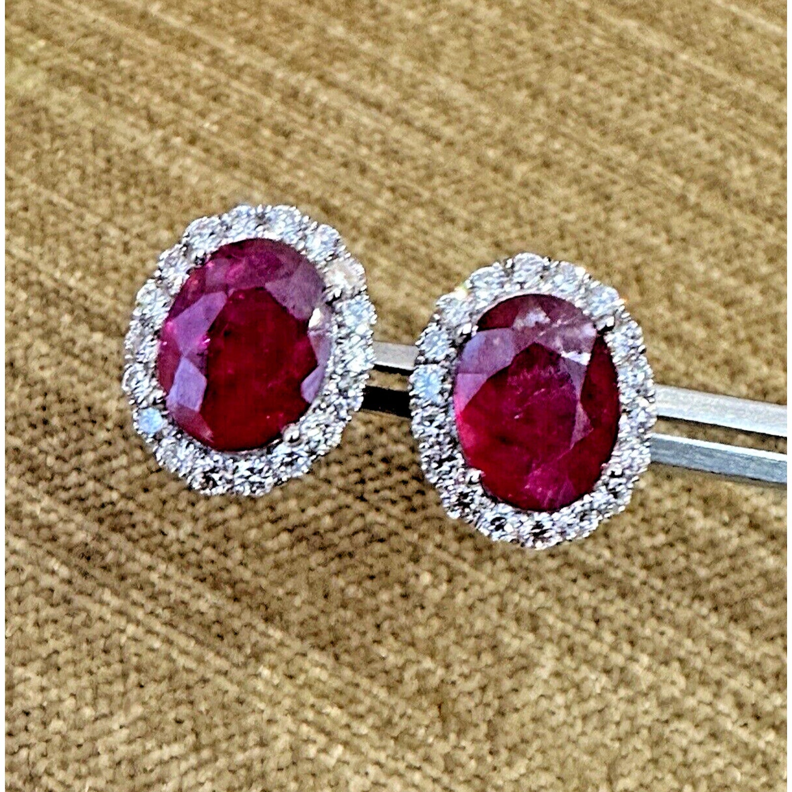 Natural Oval Ruby Stud Earrings with Diamond Halo in 14k White Gold - HM2569B