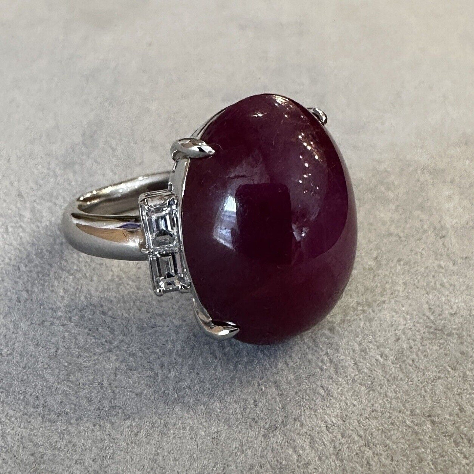 Natural 34.75 ct Star Ruby Cabochon and Diamond Ring in Platinum