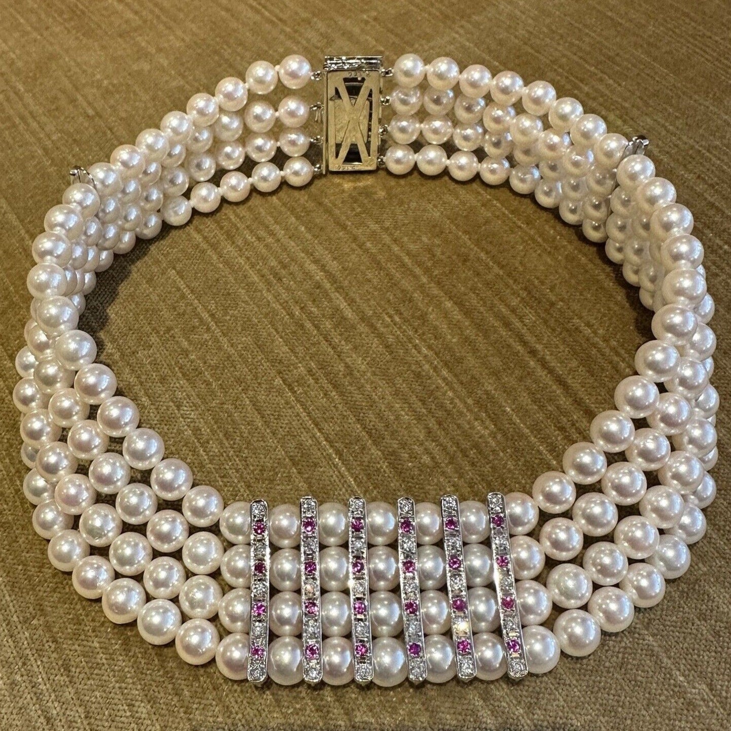 4 Row Pearl Choker Necklace with Rubies & Diamonds in Platinum