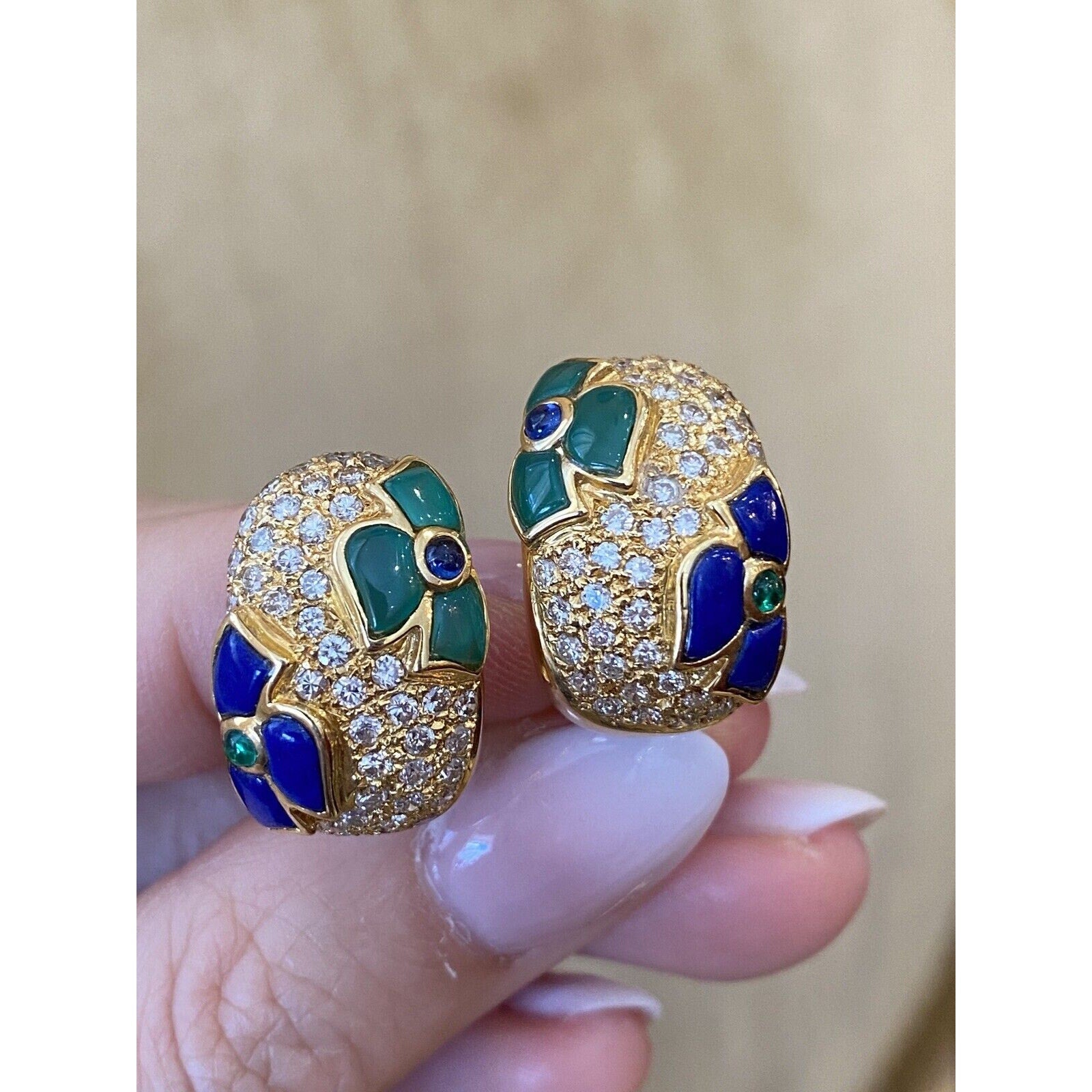 Diamond and Enamel Hoop Earrings in 18k Yellow Gold