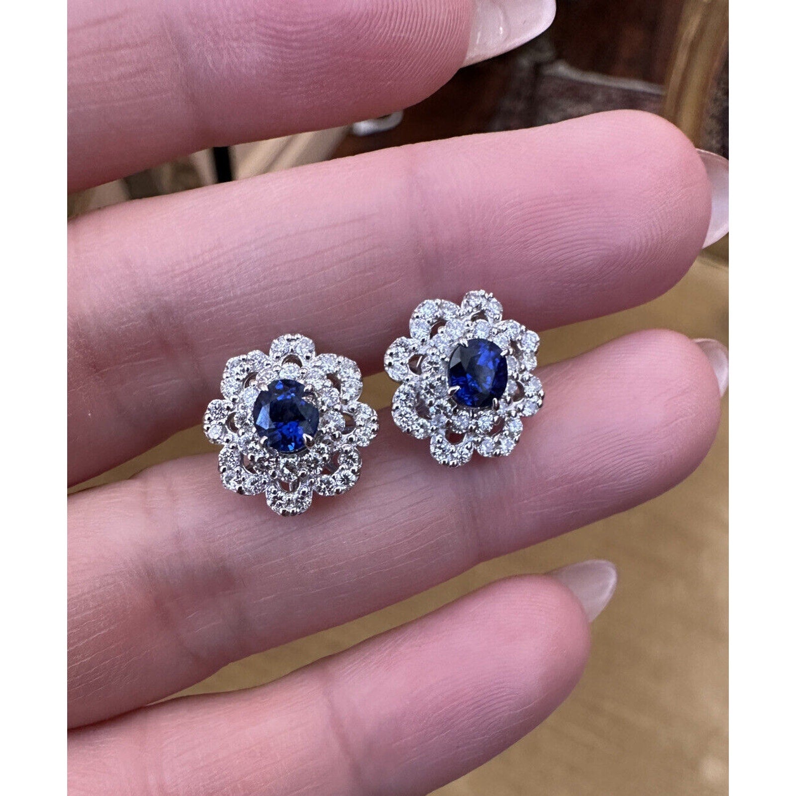 Scalloped Edge Halo Diamond and Sapphire Earrings in Platinum