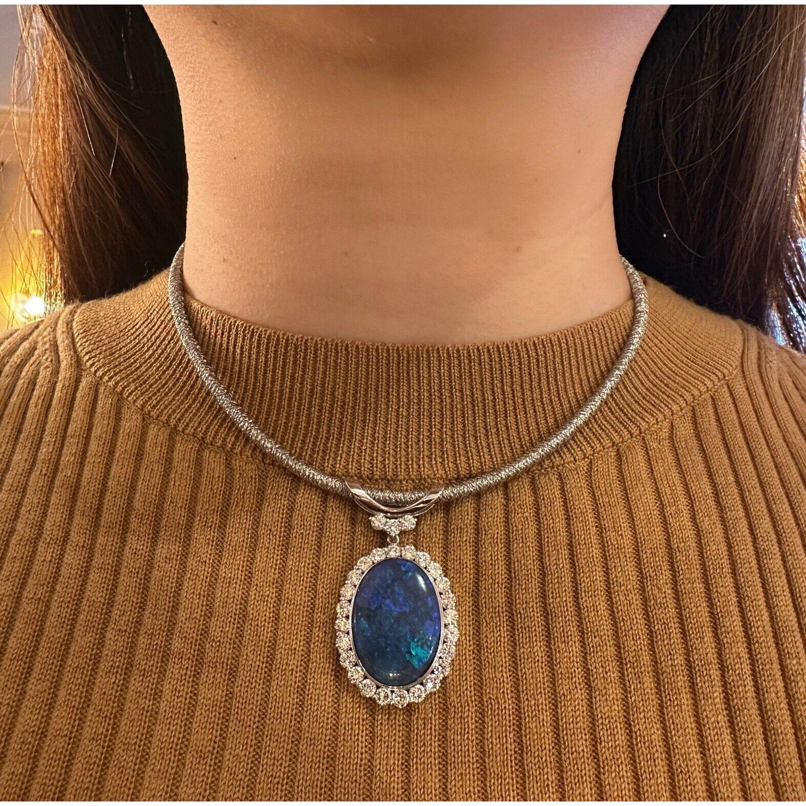 Large Black Opal and Diamond Pendant Necklace in Platinum/18k Gold